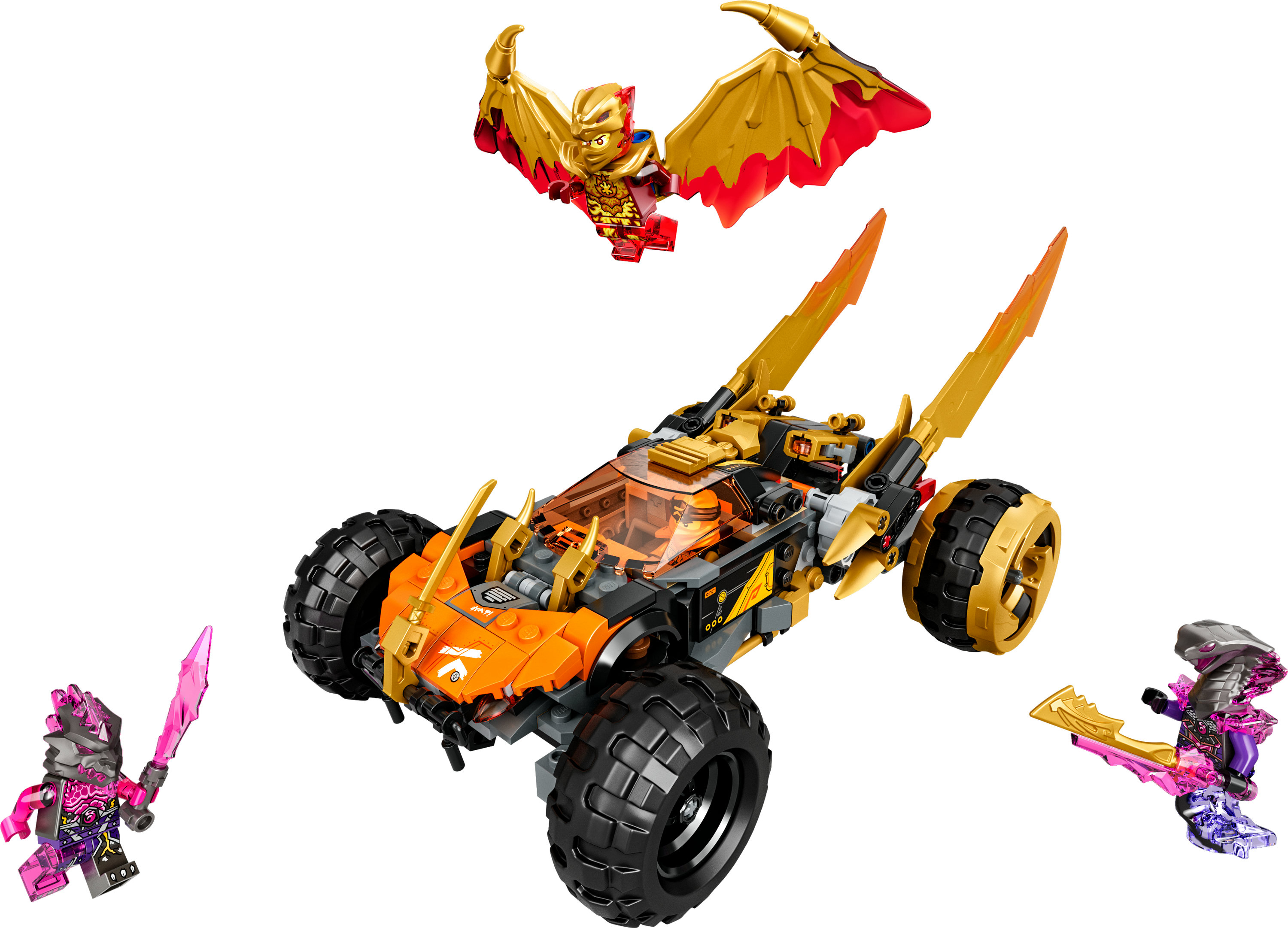 Lego Ninjago Set mit einem schwarz-orangenen Auto und Figuren von Ninjas und Schurken.