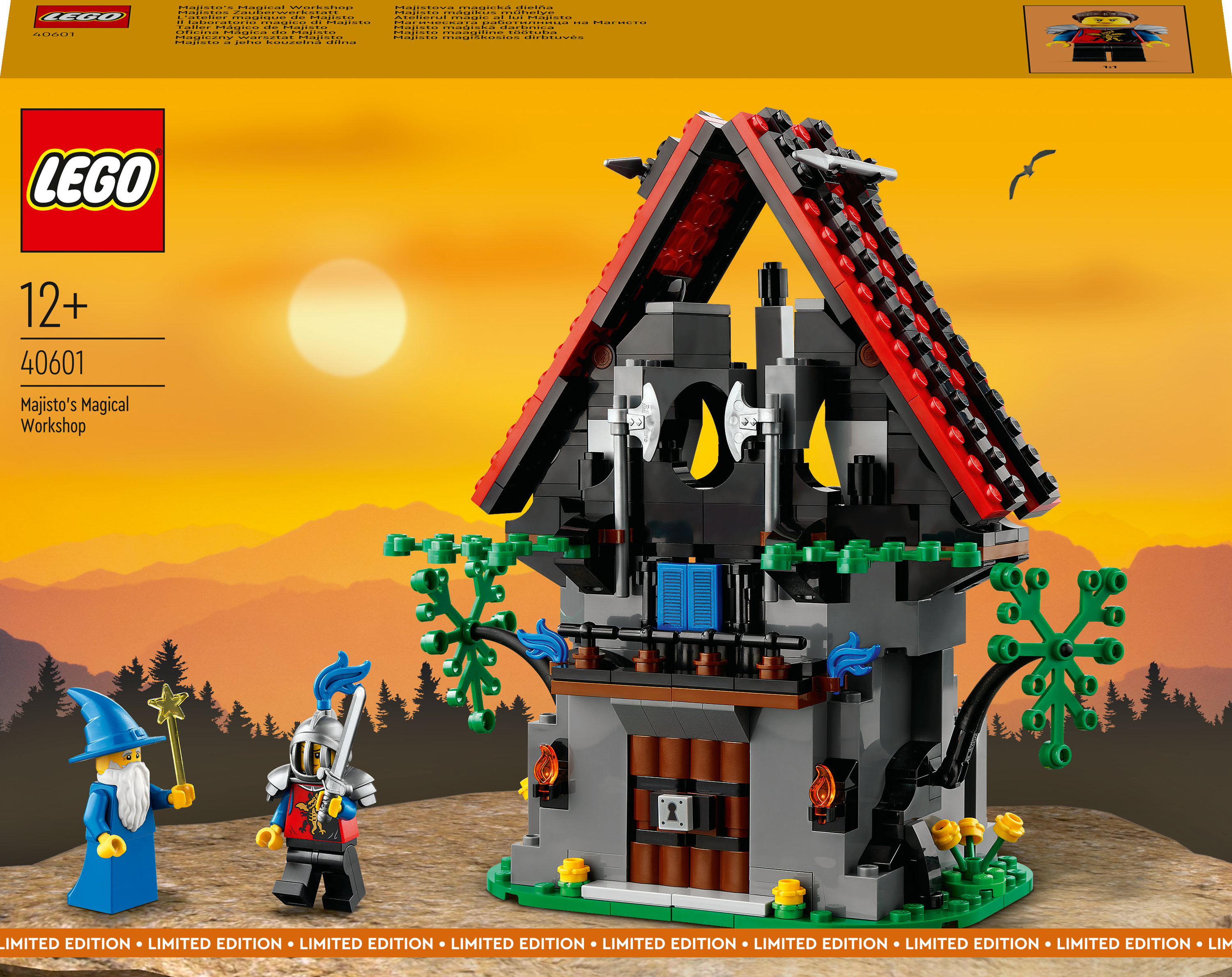Zestaw Lego Majisto's Magical Workshop. Mroczny zamek z dwiema figurkami i górskim tłem.