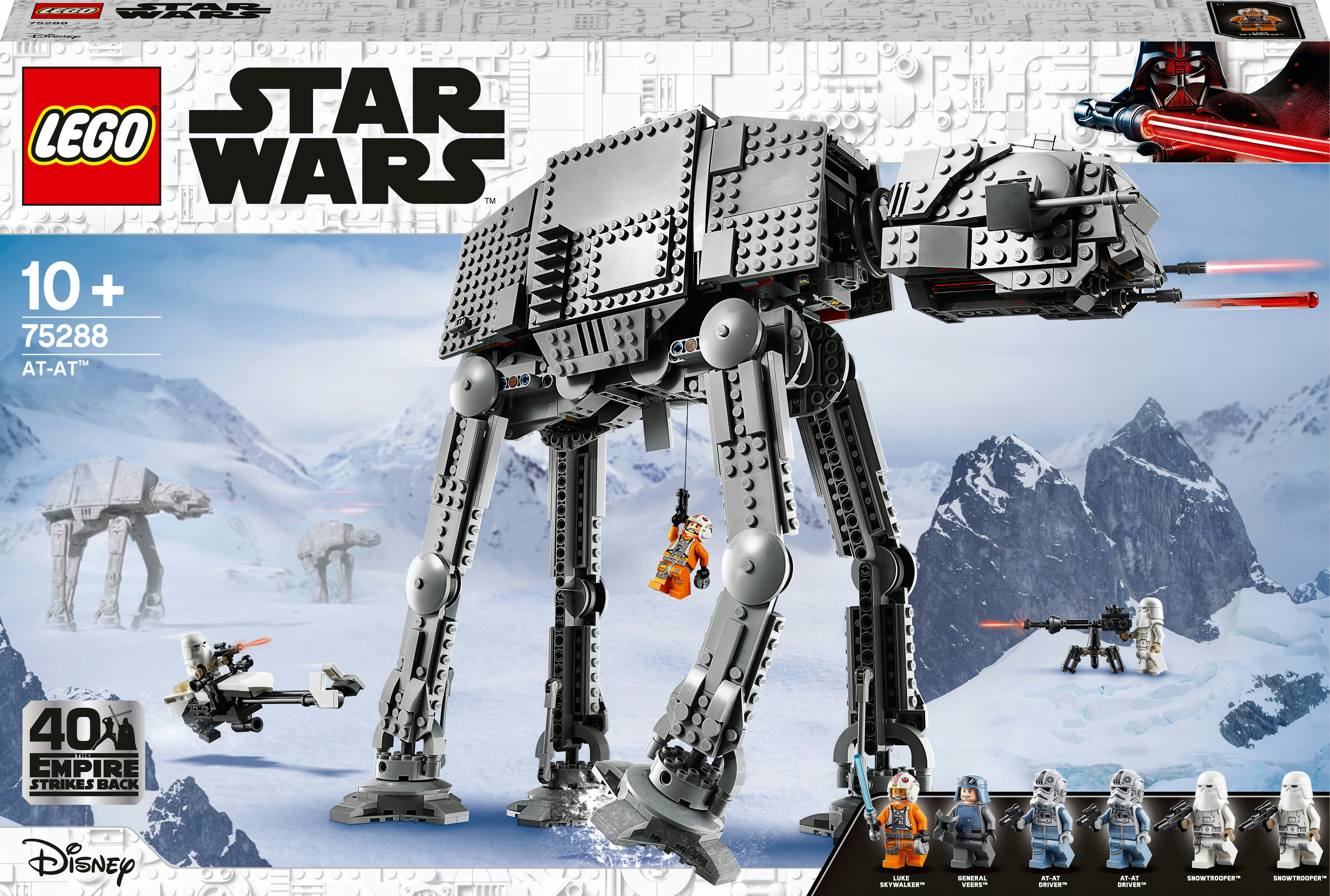 Opakowanie zestawu Lego Star Wars AT-AT. Zawiera chodziarza, figurki i śnieżne tło.