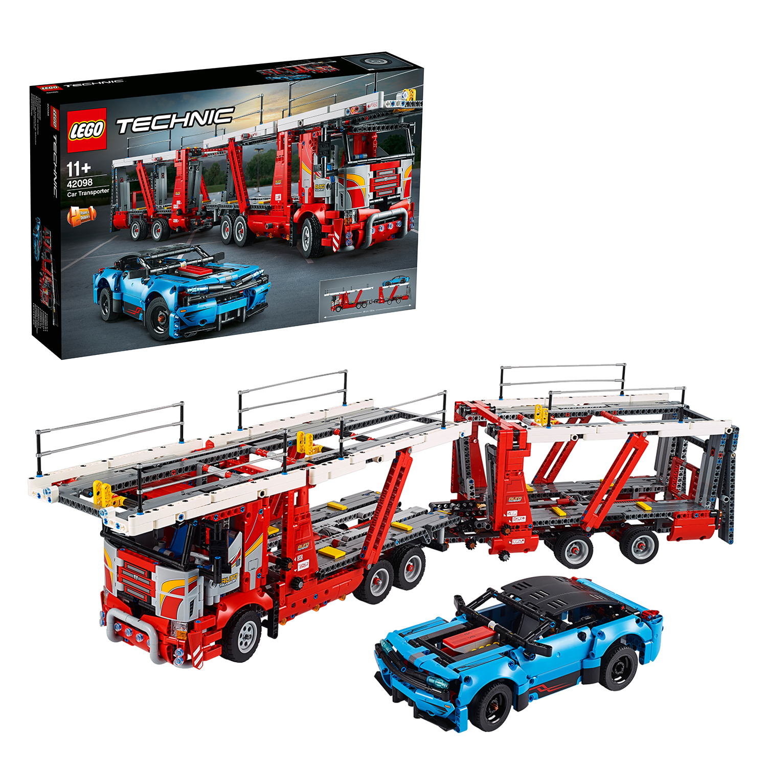 Zestaw Lego Technic z transportem samochodowym z czerwonymi i niebieskimi samochodami. Czarne pudełko pokazuje zestaw i samochody.