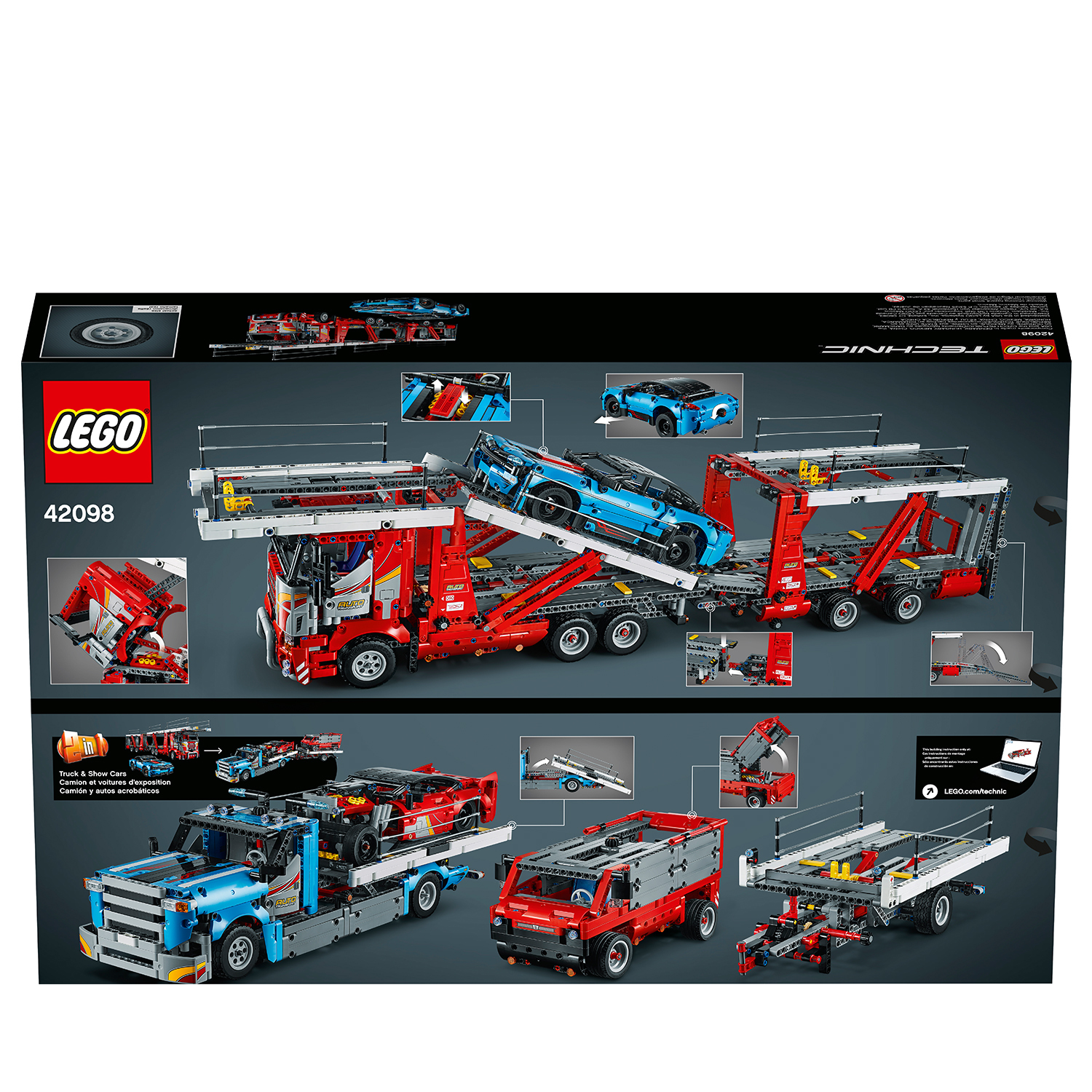 Zestaw Lego Technic z lawetą, z niebieskim samochodem ładowanym na czerwoną ciężarówkę.