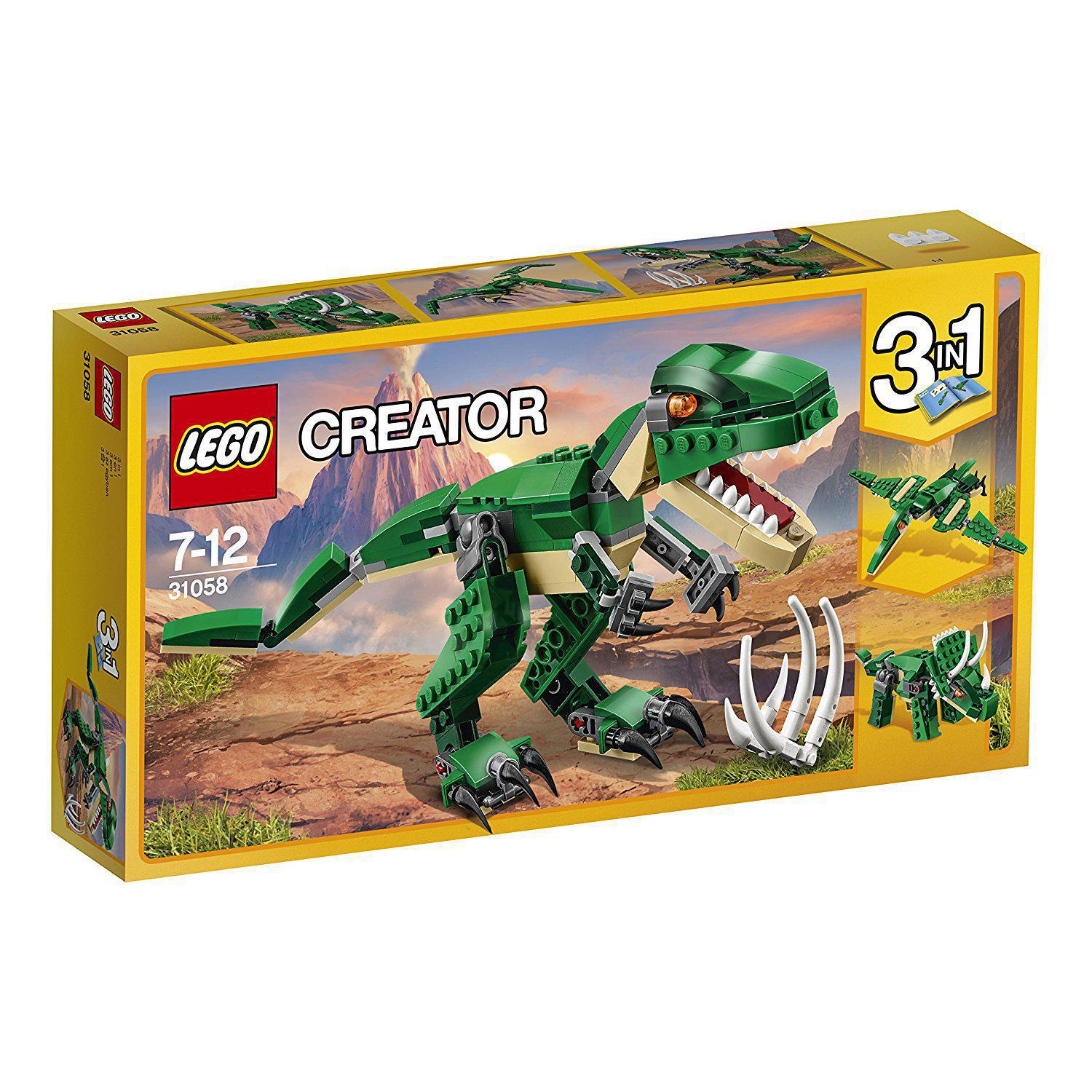 Lego Creator-Box, grünes T-Rex-Modell, 3-in-1-Design, mit anderen Modellen.