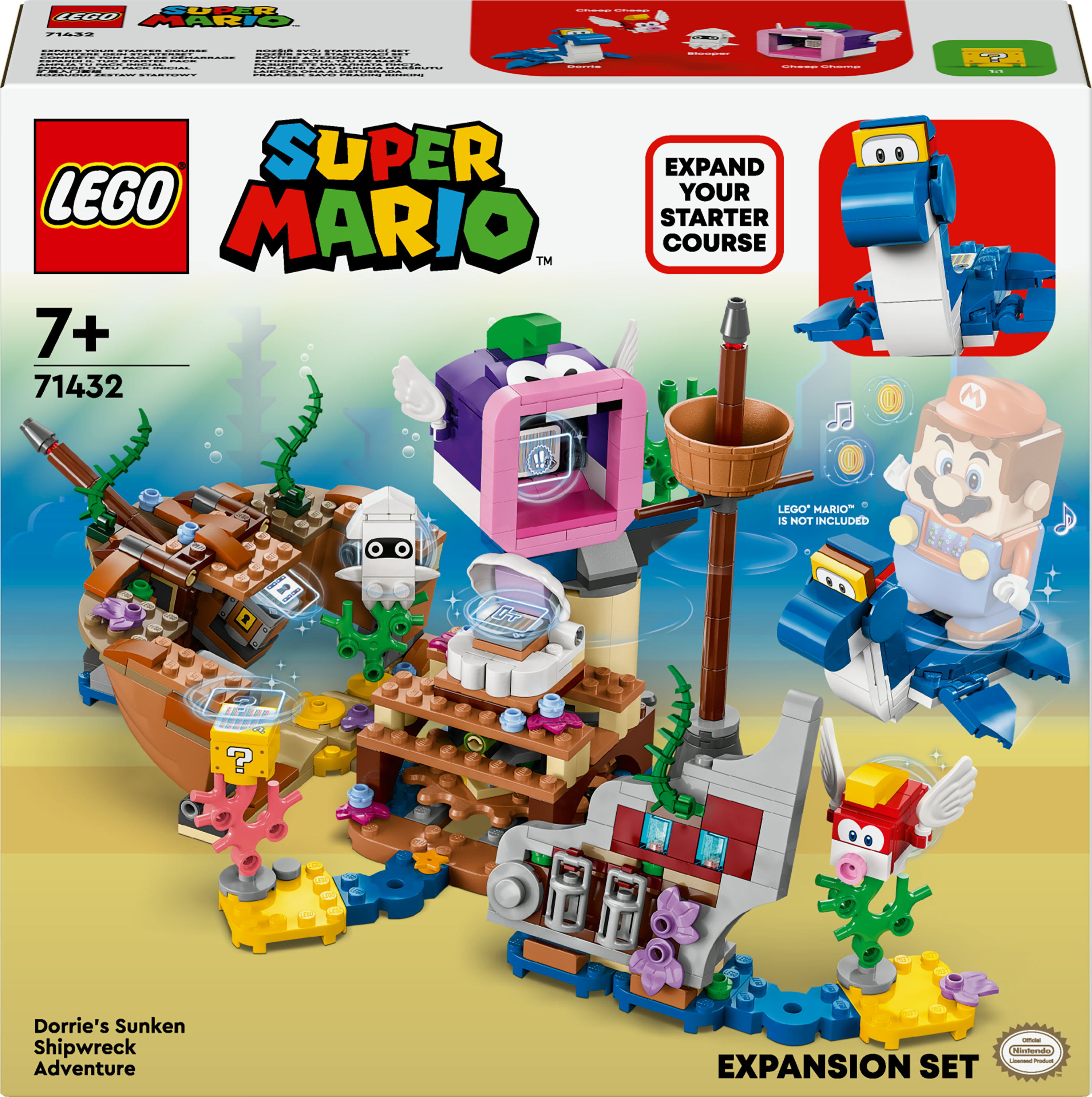 Lego Super Mario Set-Box mit Schiffswrack-Szene und Mario-Figuren.