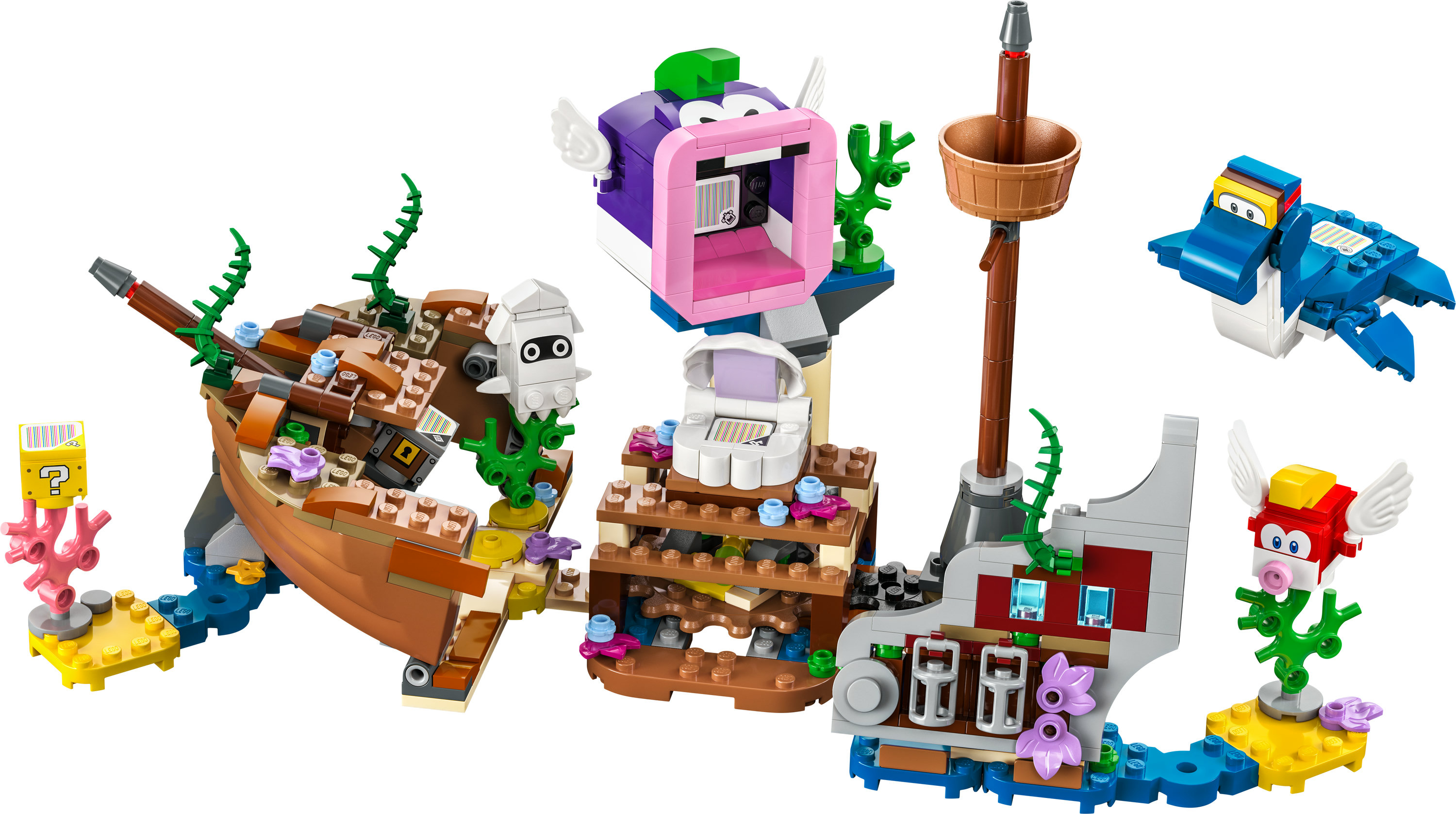 Eine Lego Unterwasserszene mit einem Schiffswrack, einer Schatzkiste und verschiedenen Meeresbewohnern.