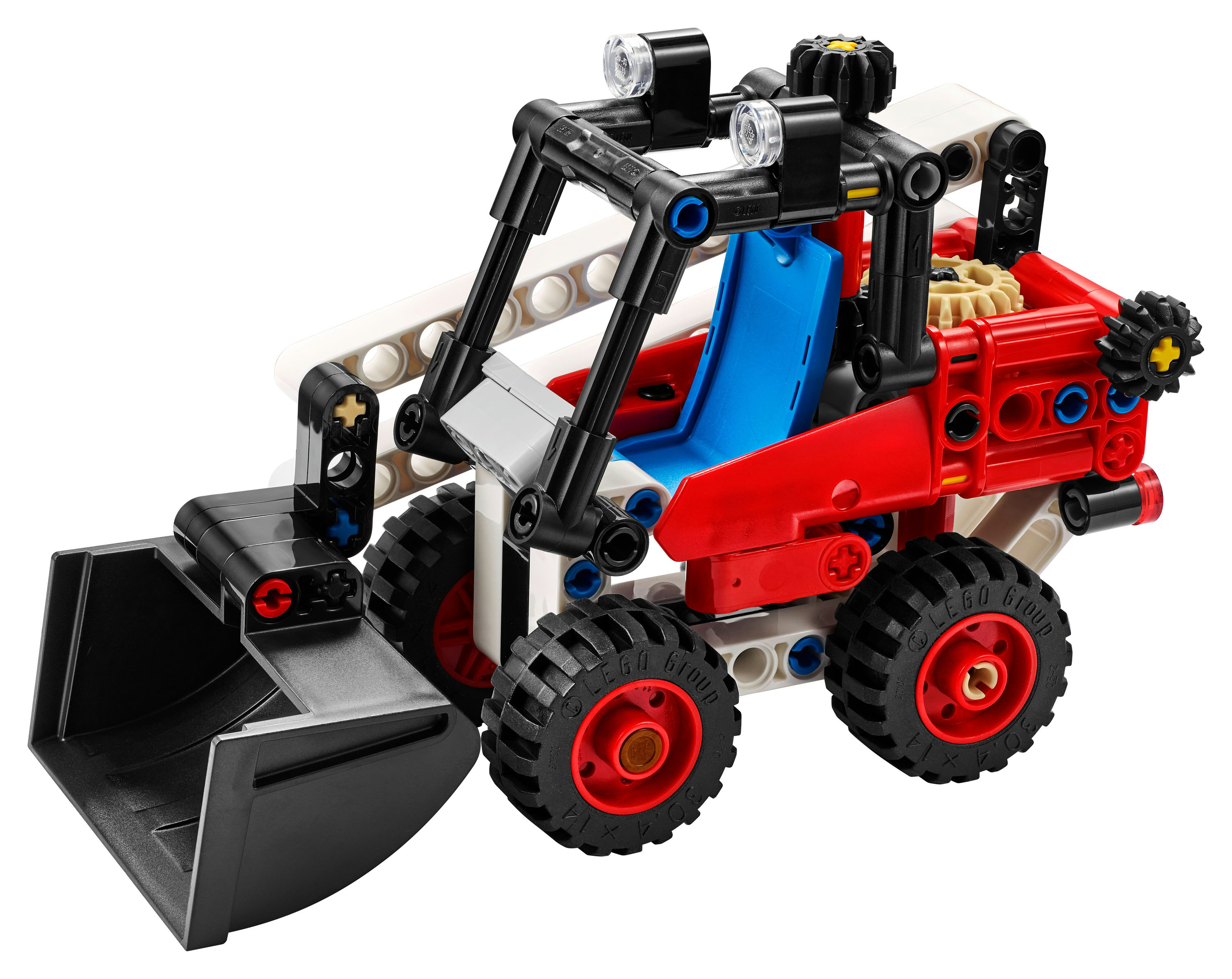 Lego Technic Kompaktlader. Rot und weiß mit schwarzer Schaufel und blauem Sitz.
