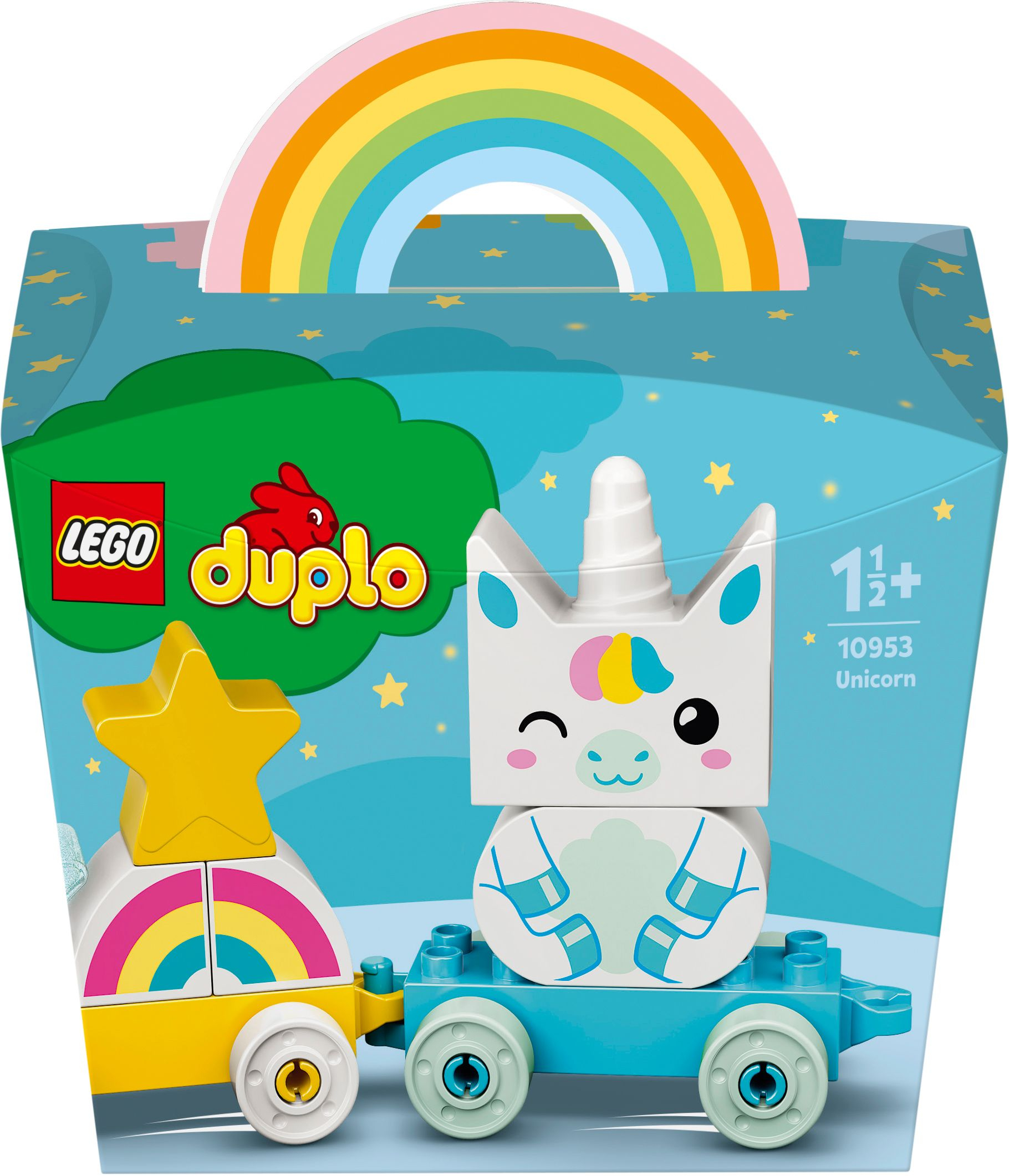 Eine Lego Duplo Box mit einem Einhorn-Zug-Set, Regenbogen und einem Stern.