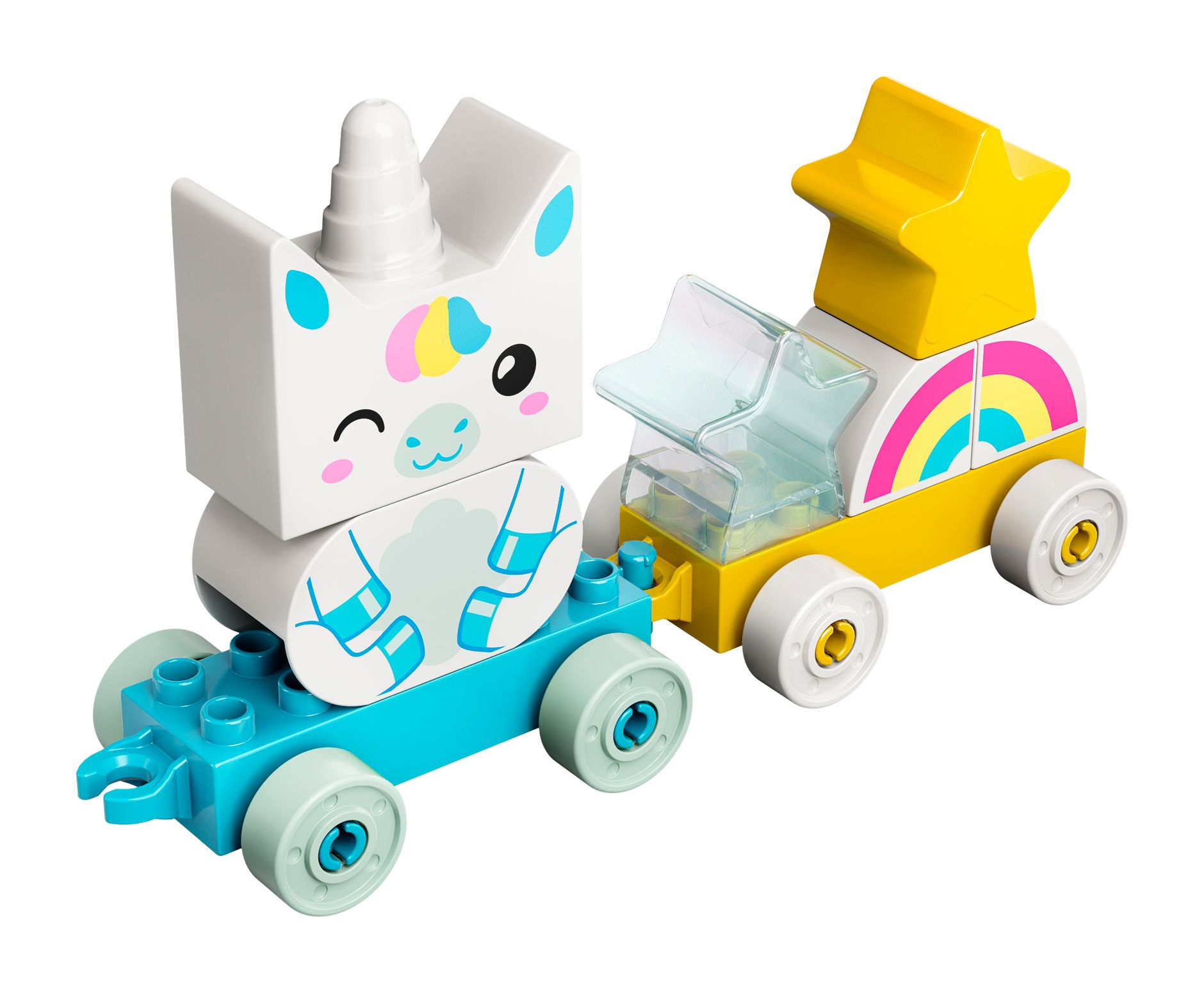 Ein Lego Einhorn- und Stern-Zug-Set. Der Zug ist gelb und blau.
