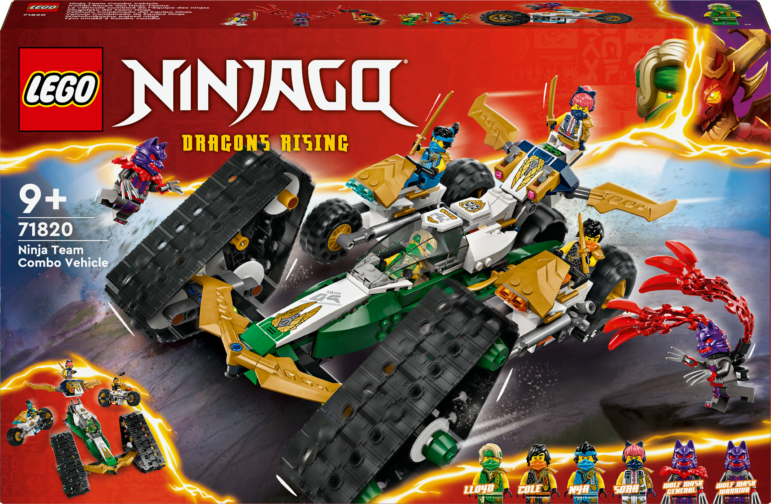 Zestaw Lego Ninjago z pojazdem z dwoma gąsienicami i minifigurkami.