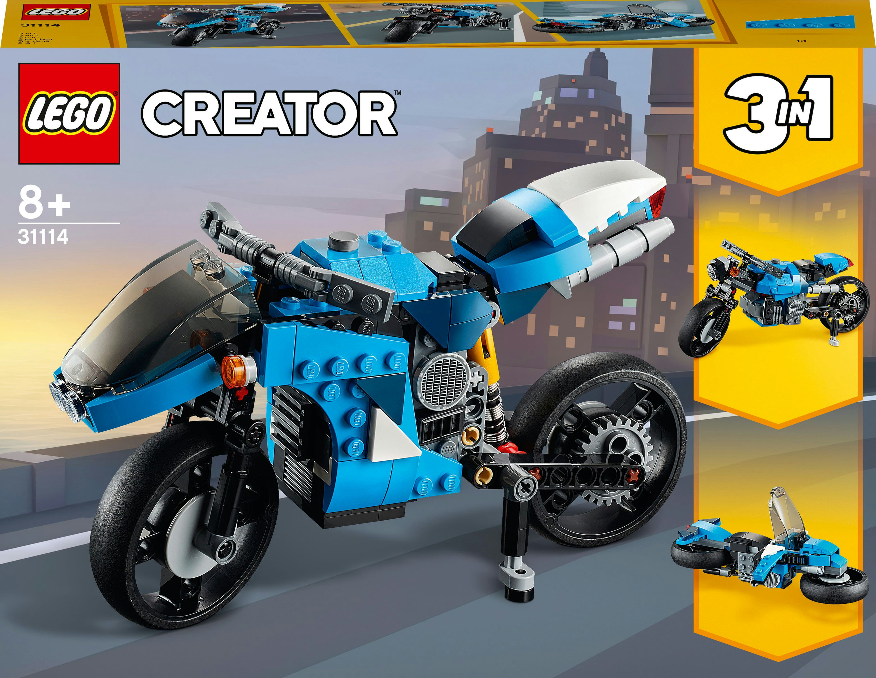 Lego Creator blaues Motorrad-Set. Das Box-Bild zeigt das montierte Motorrad und zwei alternative Builds.
