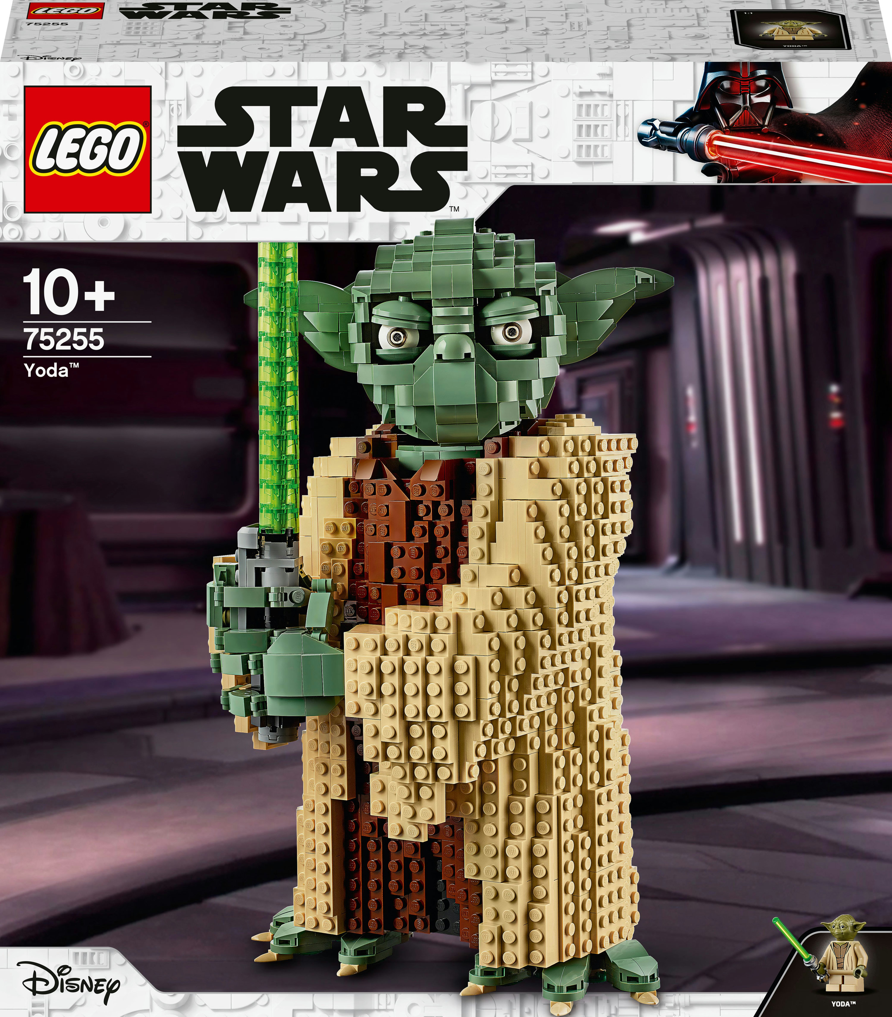 Lego Star Wars box art of Yoda figure. Yoda holds a green lightsaber, set against a dark background.