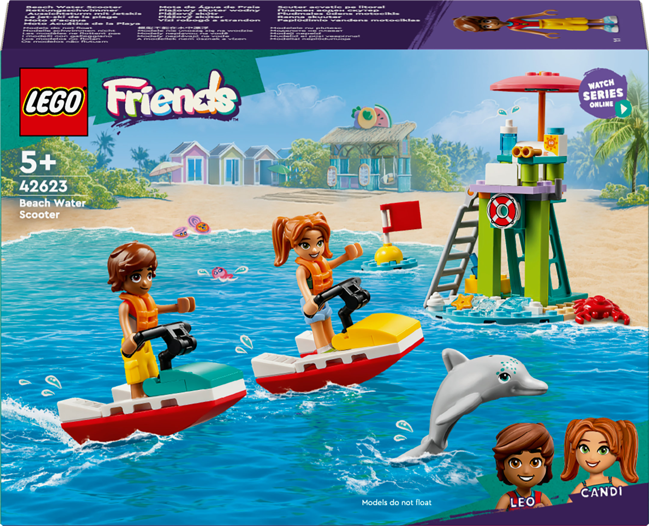 Zestaw LEGO Friends z dwoma skuterami wodnymi, stacją ratowniczą i dwiema minifigurkami na plaży.