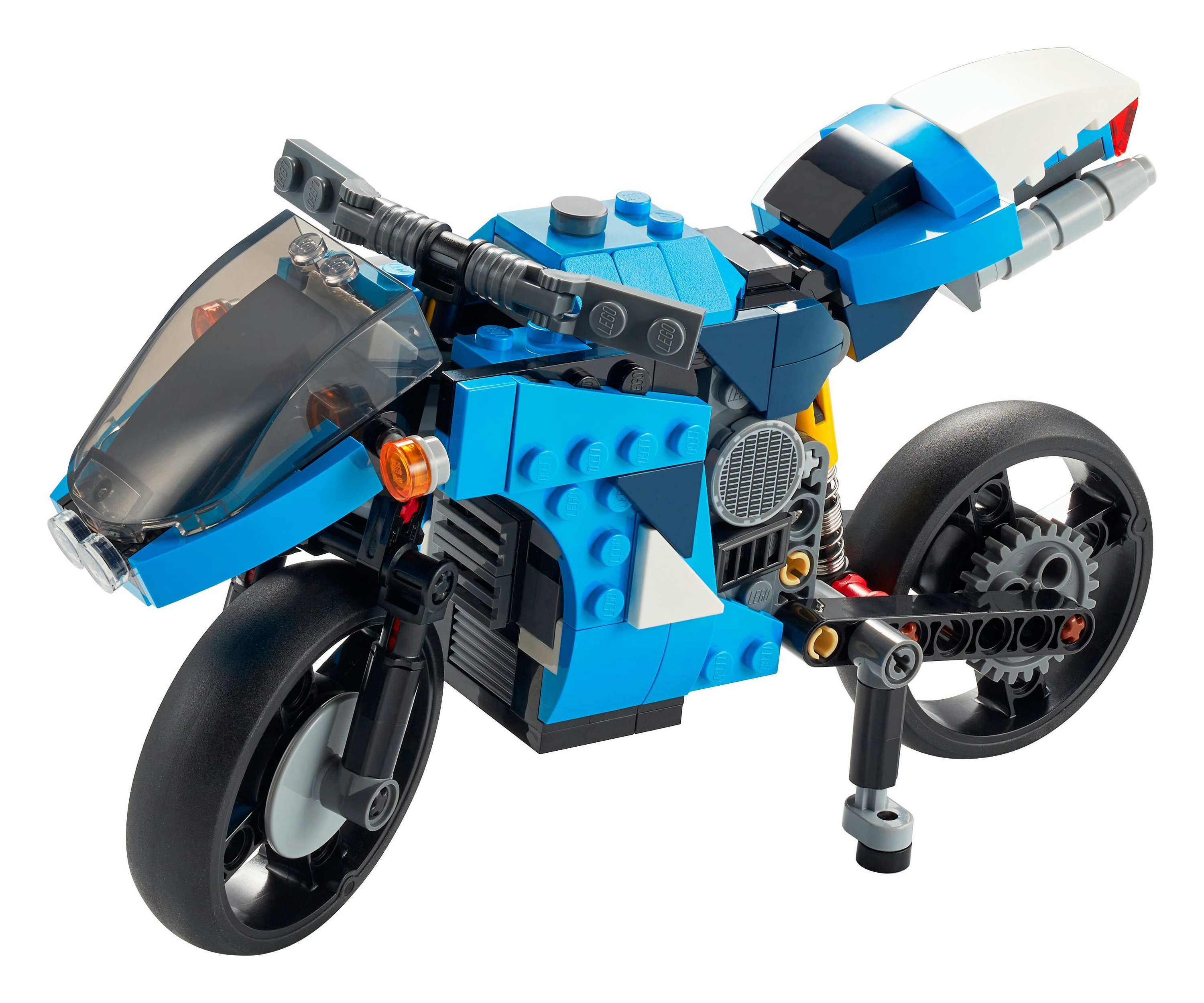 Ein blaues und schwarzes Lego-Motorrad auf weißem Hintergrund.