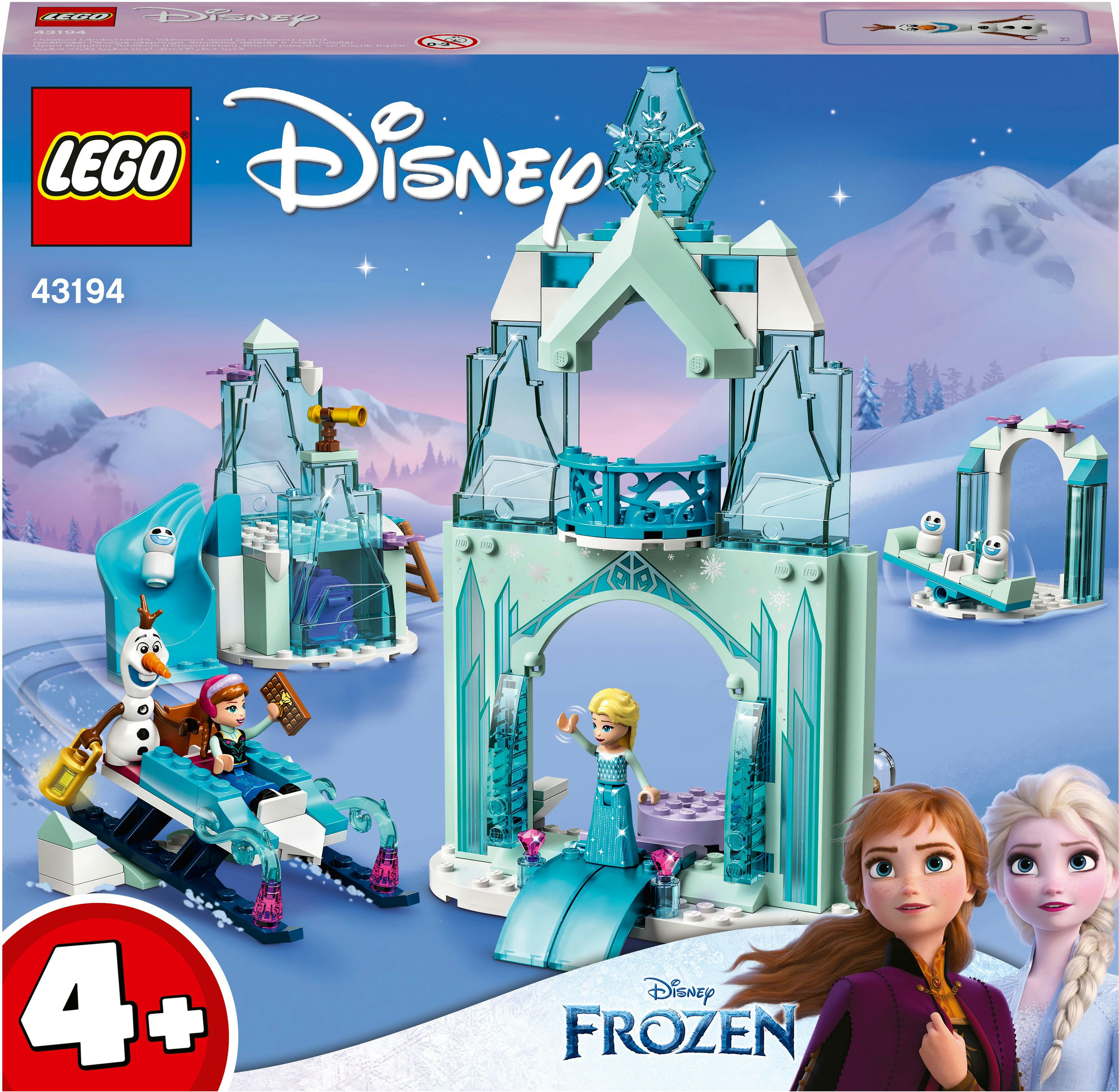 Ein Lego Disney Frozen Set. Es enthält ein Schloss, Elsa, Anna, Olaf und einen Schlitten. Schneebedeckte Szenerie.