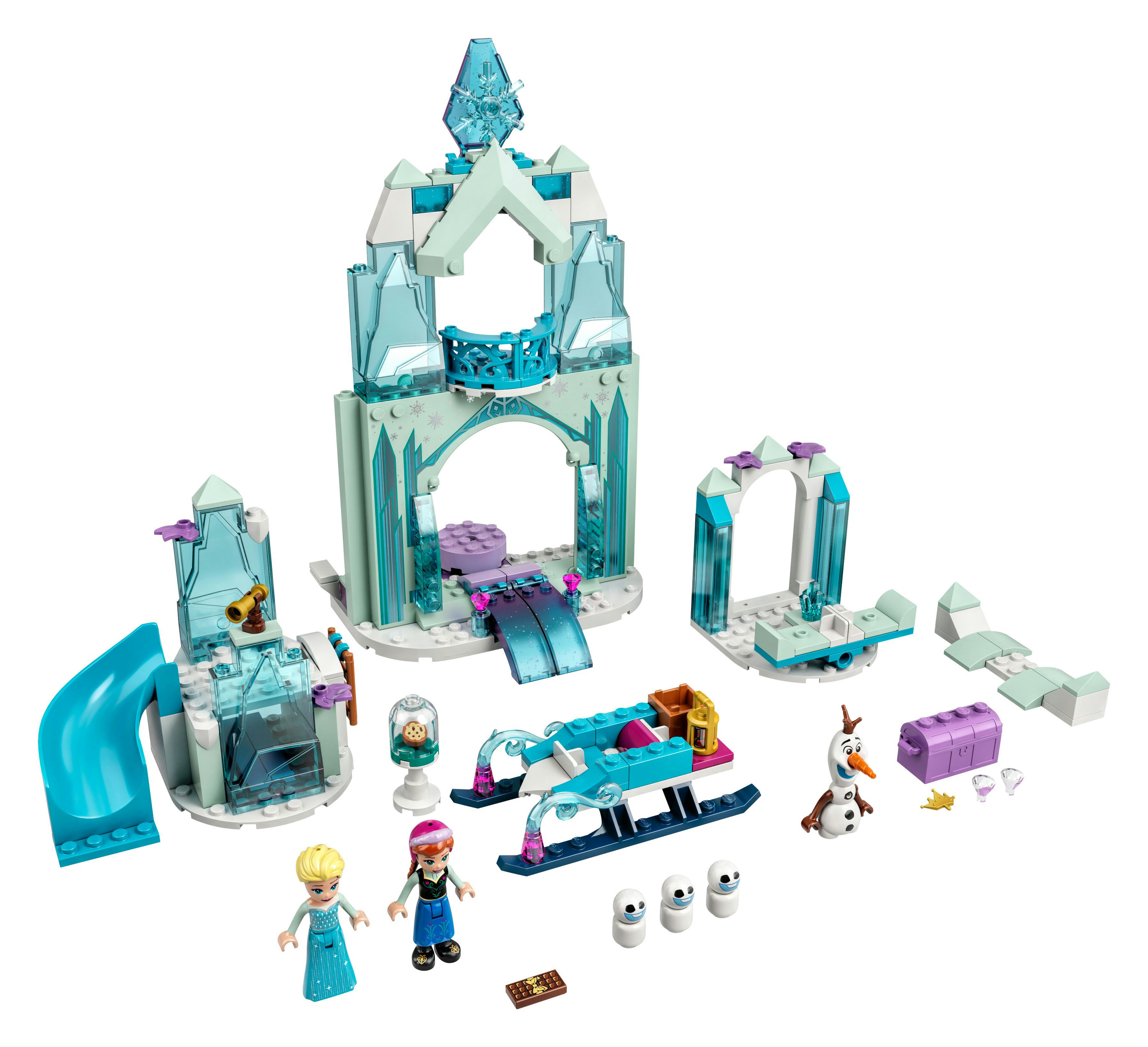 Lego Frozen Set. Enthält ein Schloss, eine Rutsche und Minifiguren von Elsa, Anna, Olaf und zwei Schneemännern.
