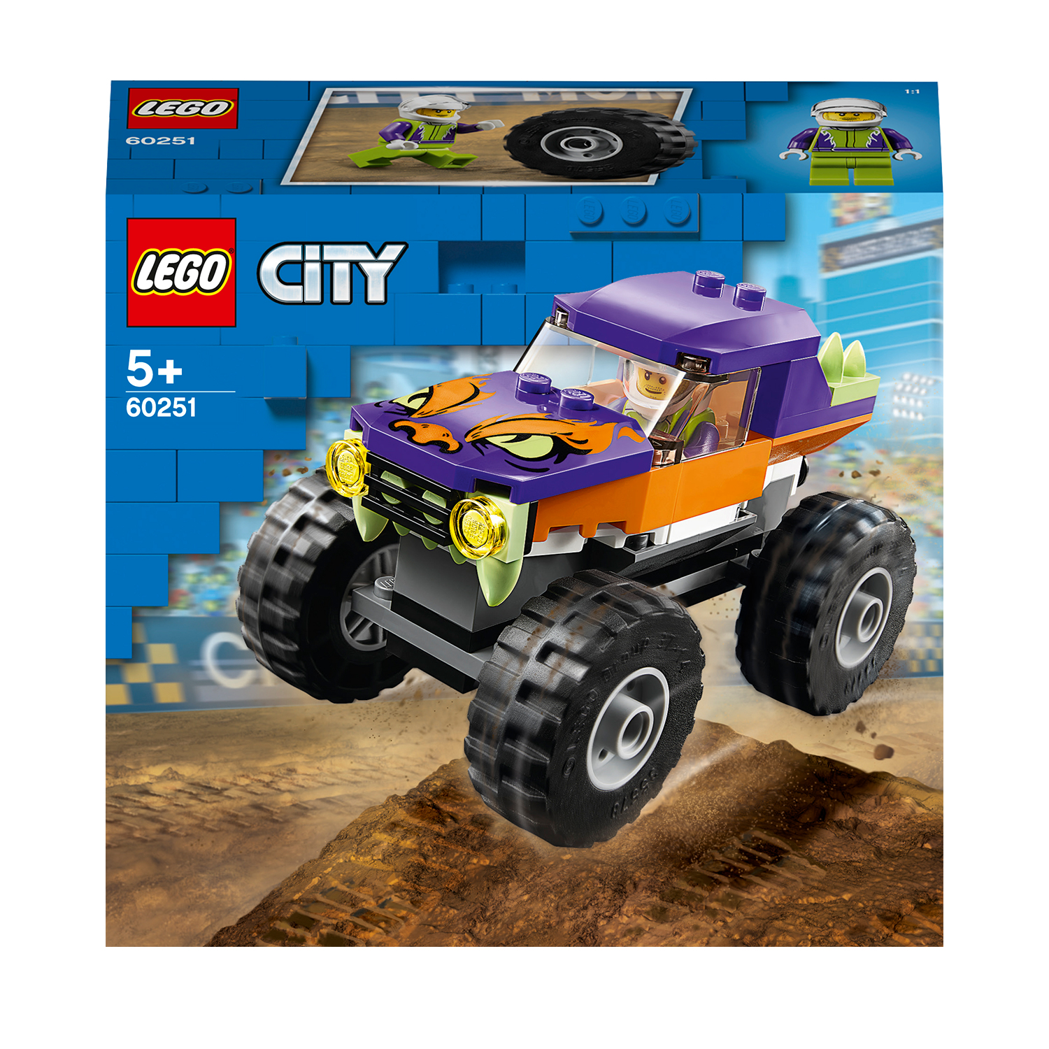 Zestaw LEGO City monster truck. Fioletowa ciężarówka z pomarańczowymi akcentami, duże opony. Figurka kierowcy. Grafika z tyłu.