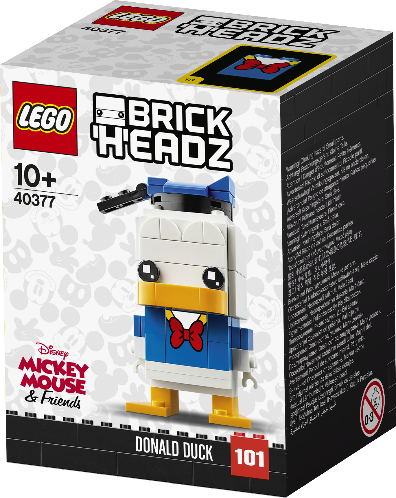 Eine Lego BrickHeadz Donald Duck Box mit einer Donald Duck Figur auf der Vorderseite.