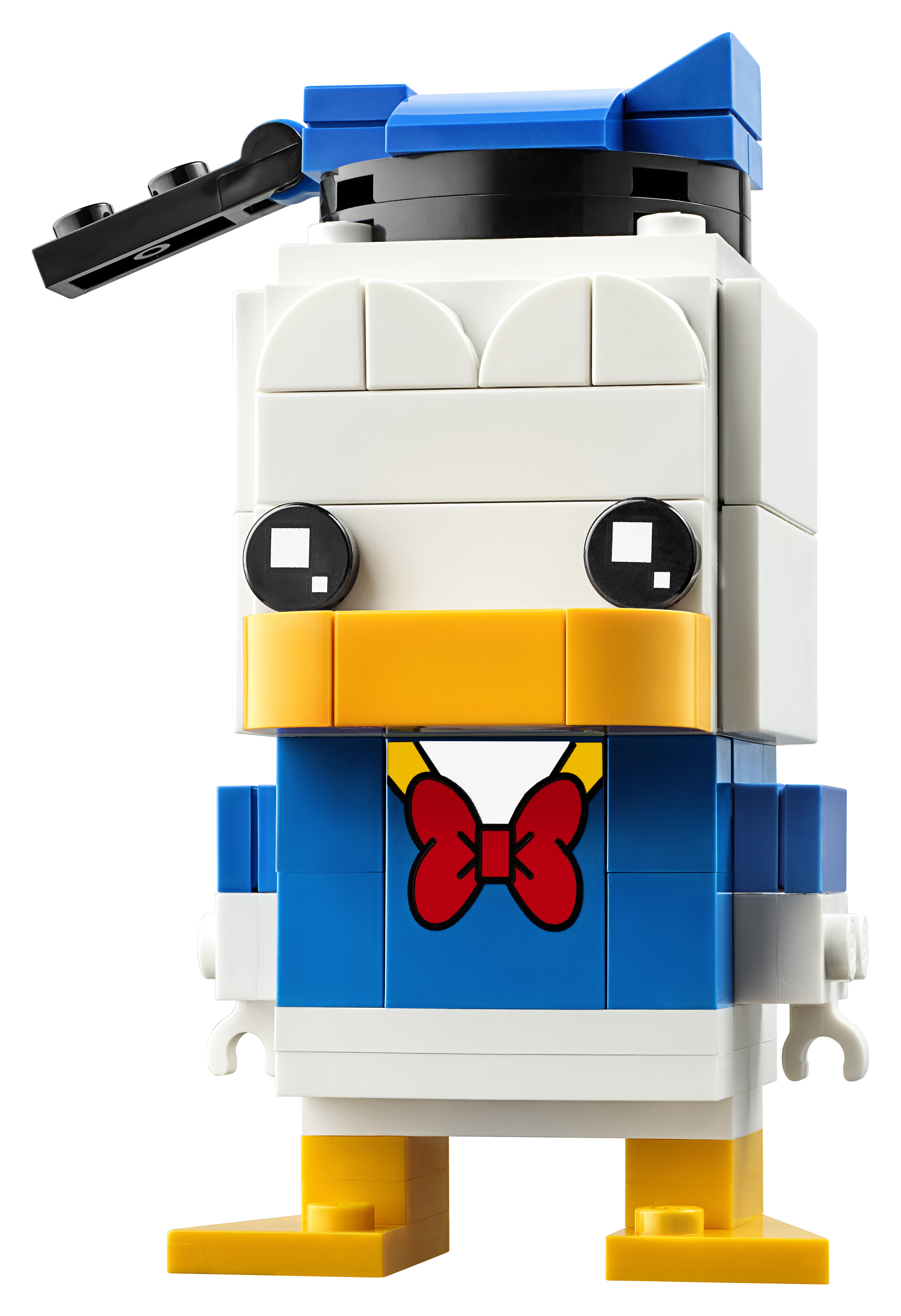 Lego Donald Duck Figur, mit blauem Hemd, Fliege und gelben Füßen.