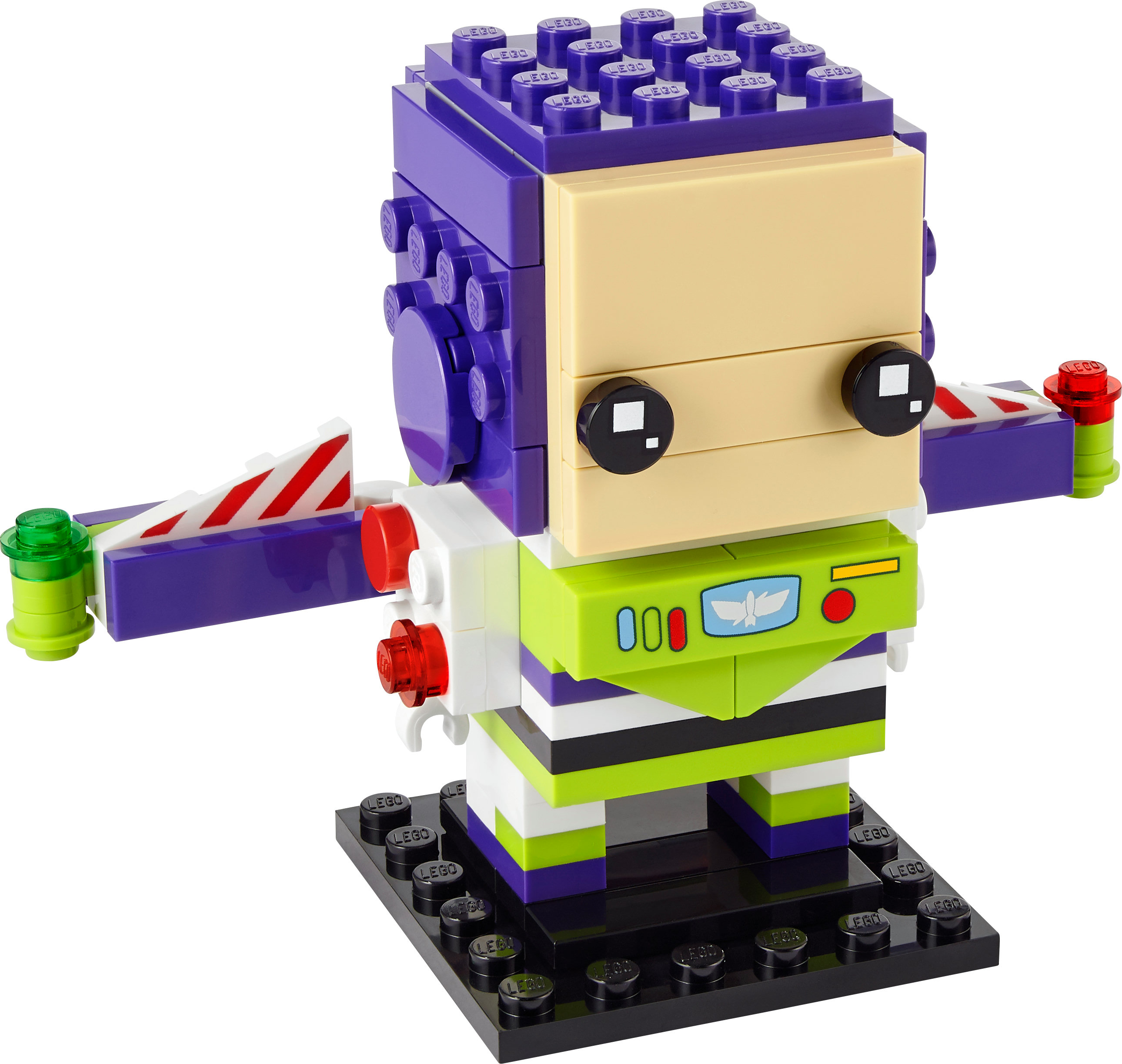 Büyük bir başı ve uzatılmış kolları olan Lego Buzz Lightyear figürü. Bir Lego tuğla yapımıdır.