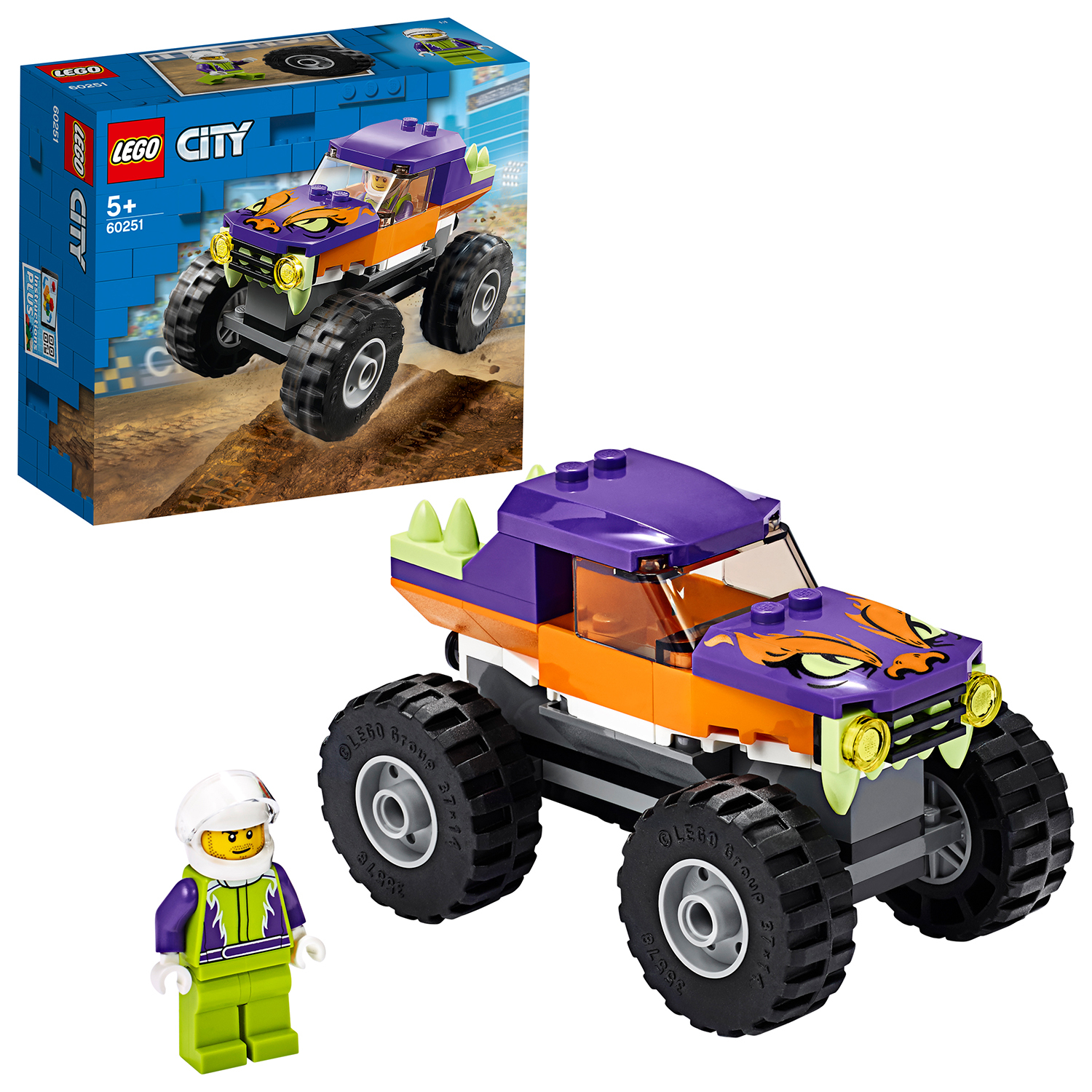 Zabawka Lego City monster truck z figurką kierowcy. Pudełko jest widoczne. Ciężarówka jest pomarańczowa i fioletowa.
