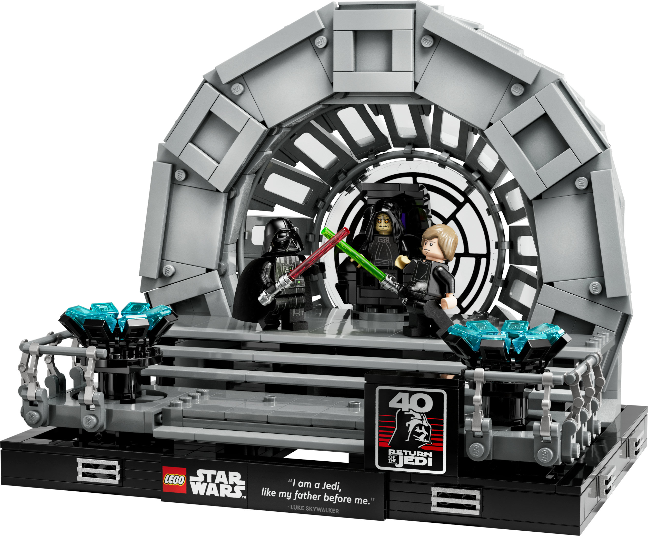 Zestaw Lego Star Wars: Darth Vader, Luke Skywalker i Imperator Palpatine w scenie.