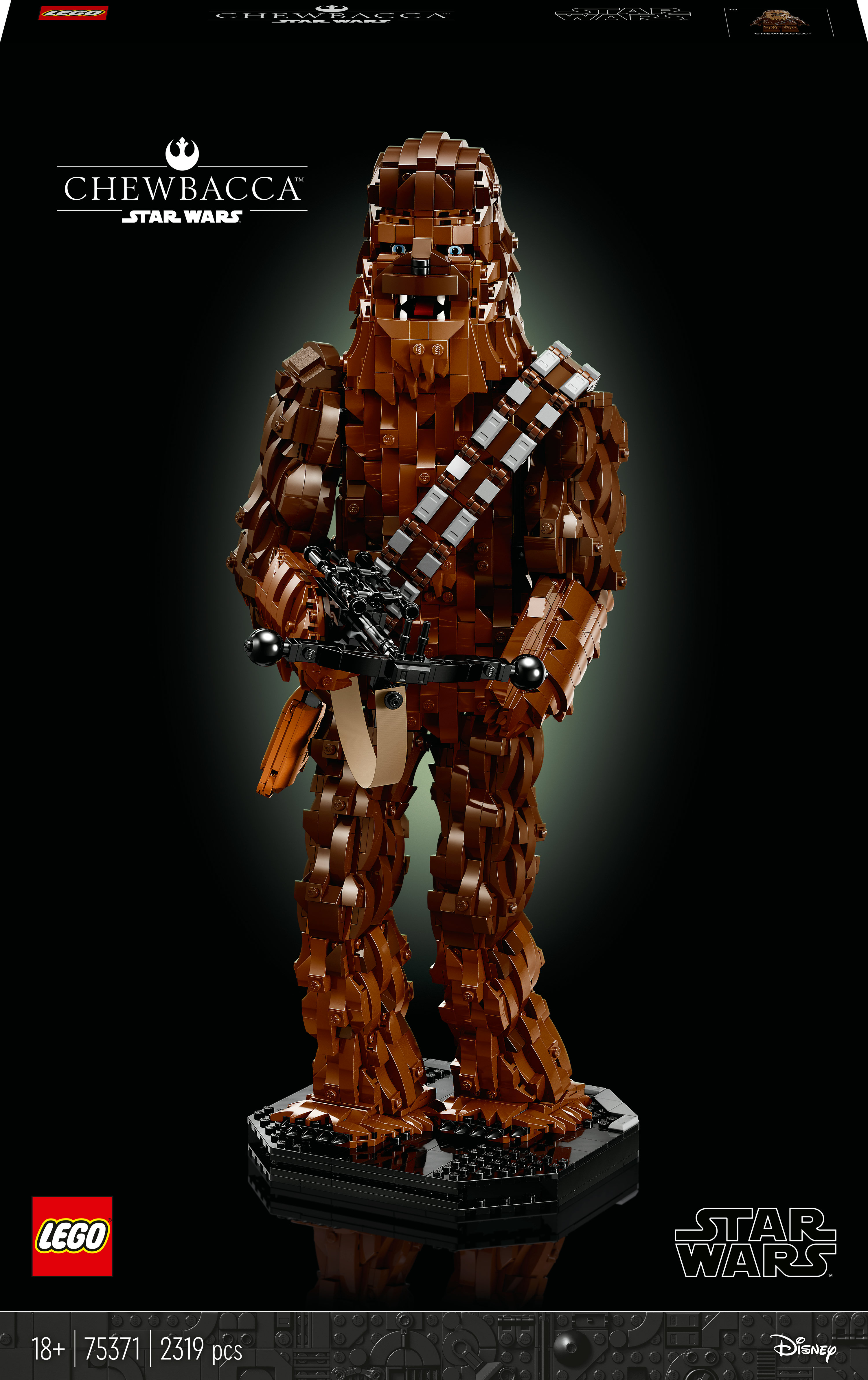 Duża figurka Lego Chewbacca, brązowa, z czarną podstawą i logo Star Wars.