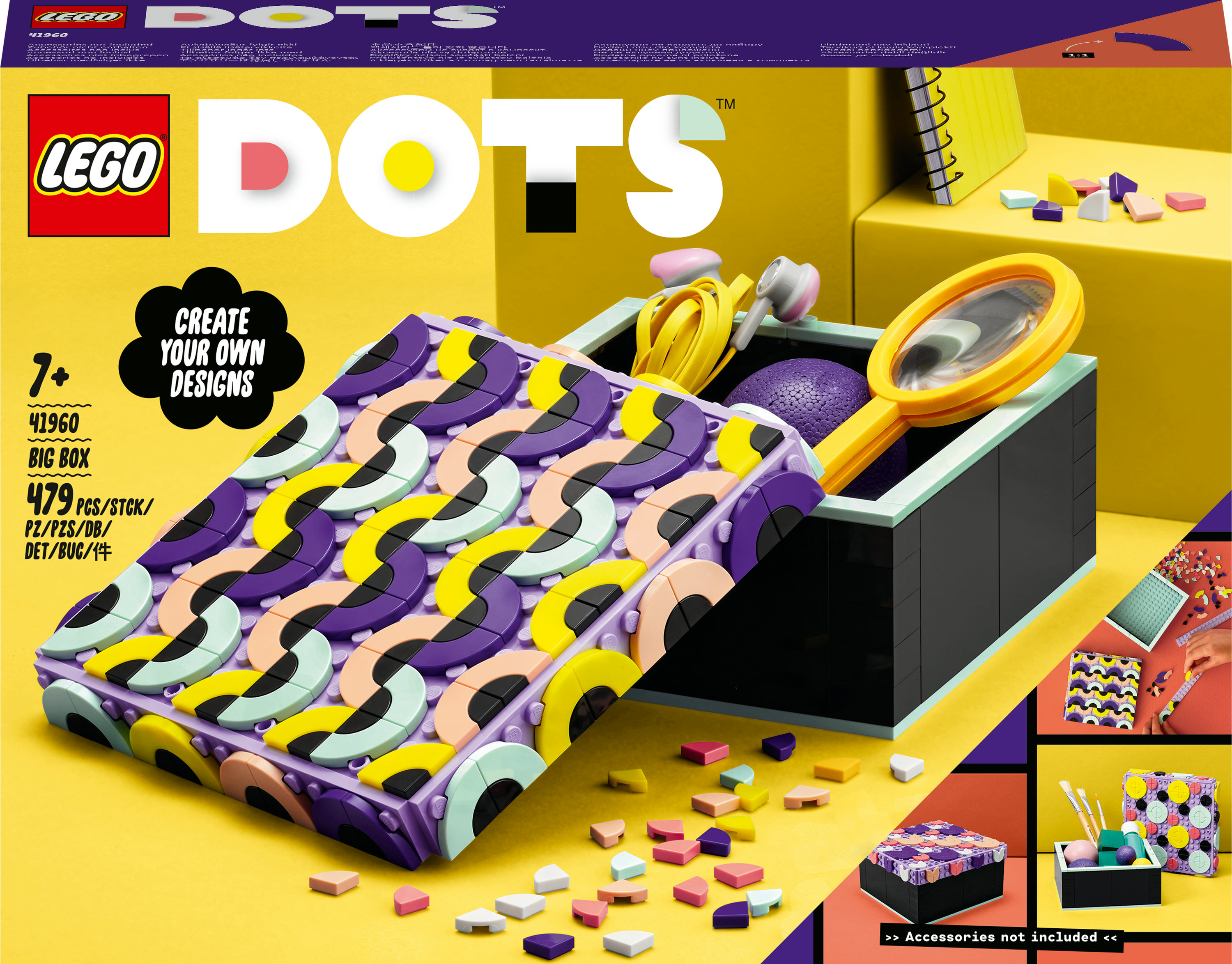 Lego Dots box set met een vergrootglas en accessoires. De doos is versierd met Lego Dots.