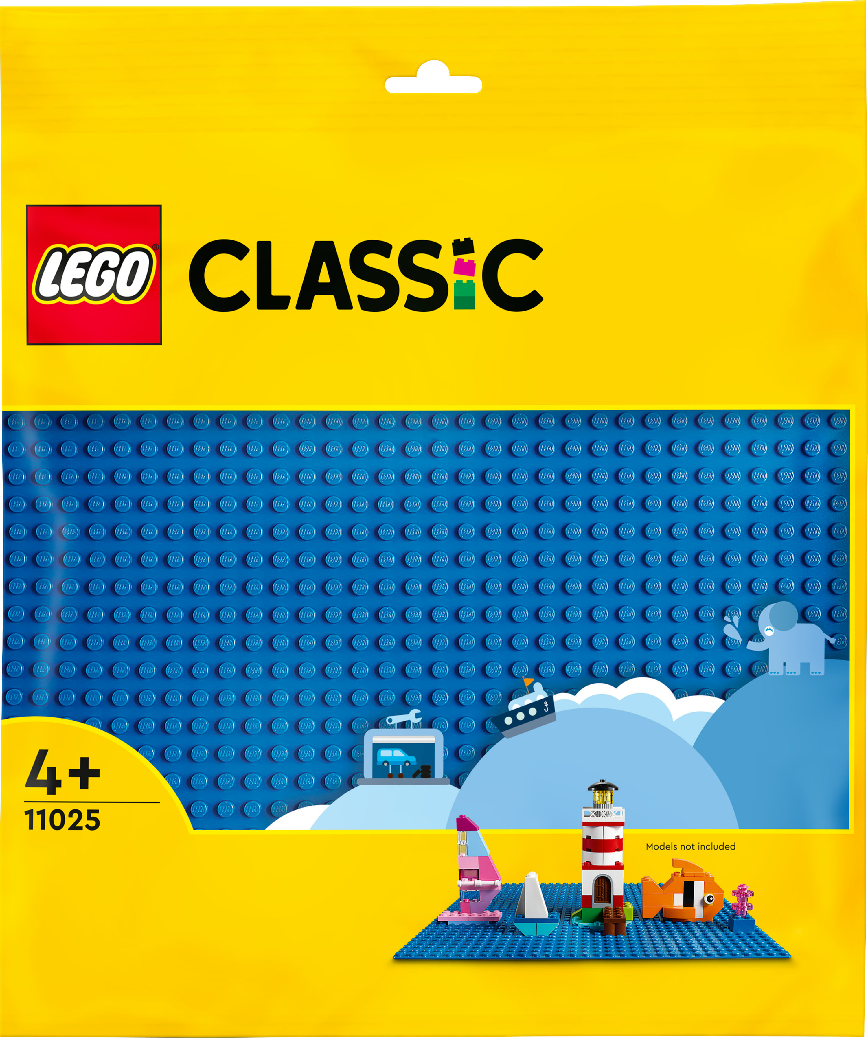 Opakowanie płyty podstawowej Lego Classic z różnymi modelami Lego z przodu.