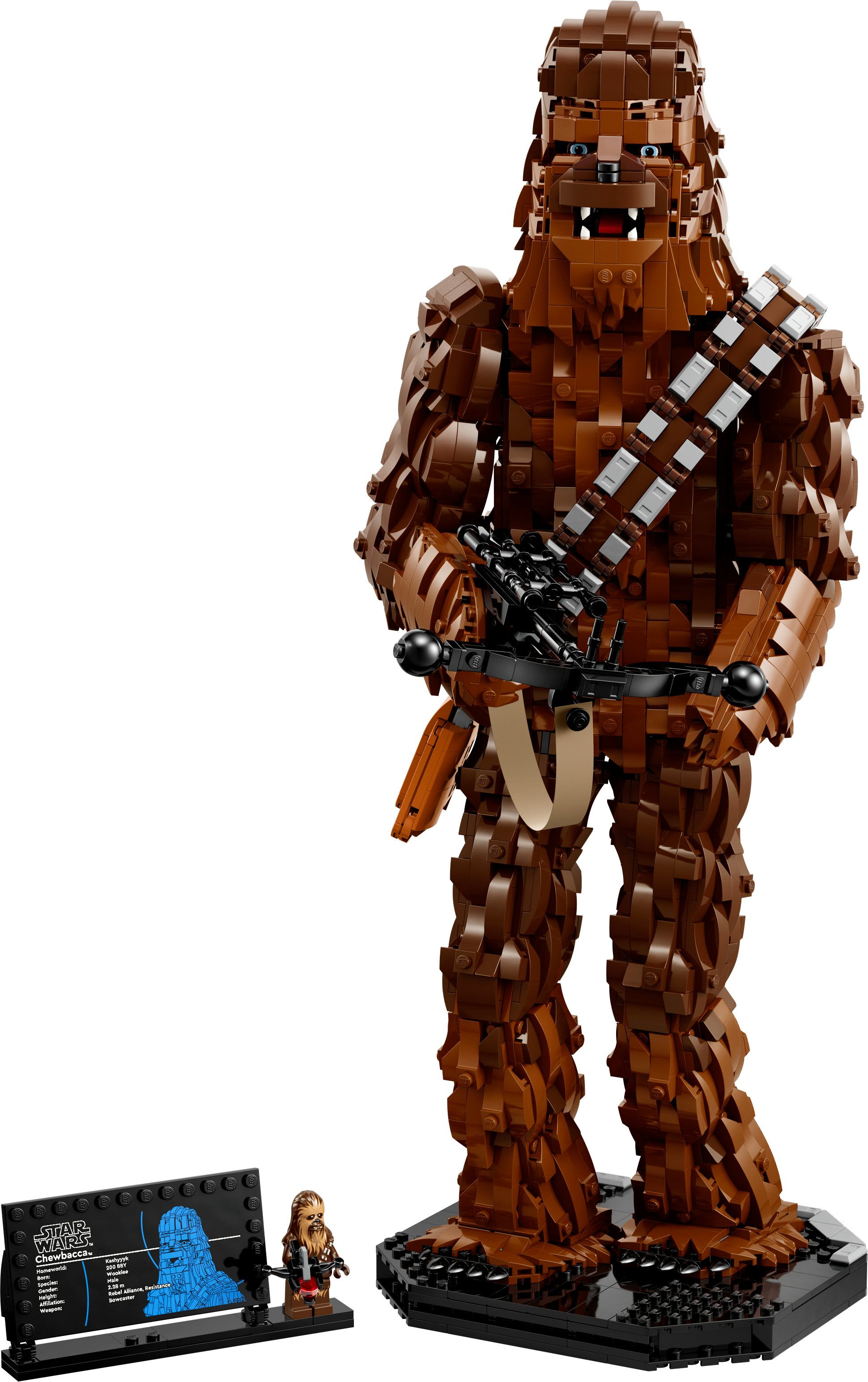 Figurka LEGO Star Wars Chewbacca. Duży brązowy Chewbacca z kusz i mała figurka.