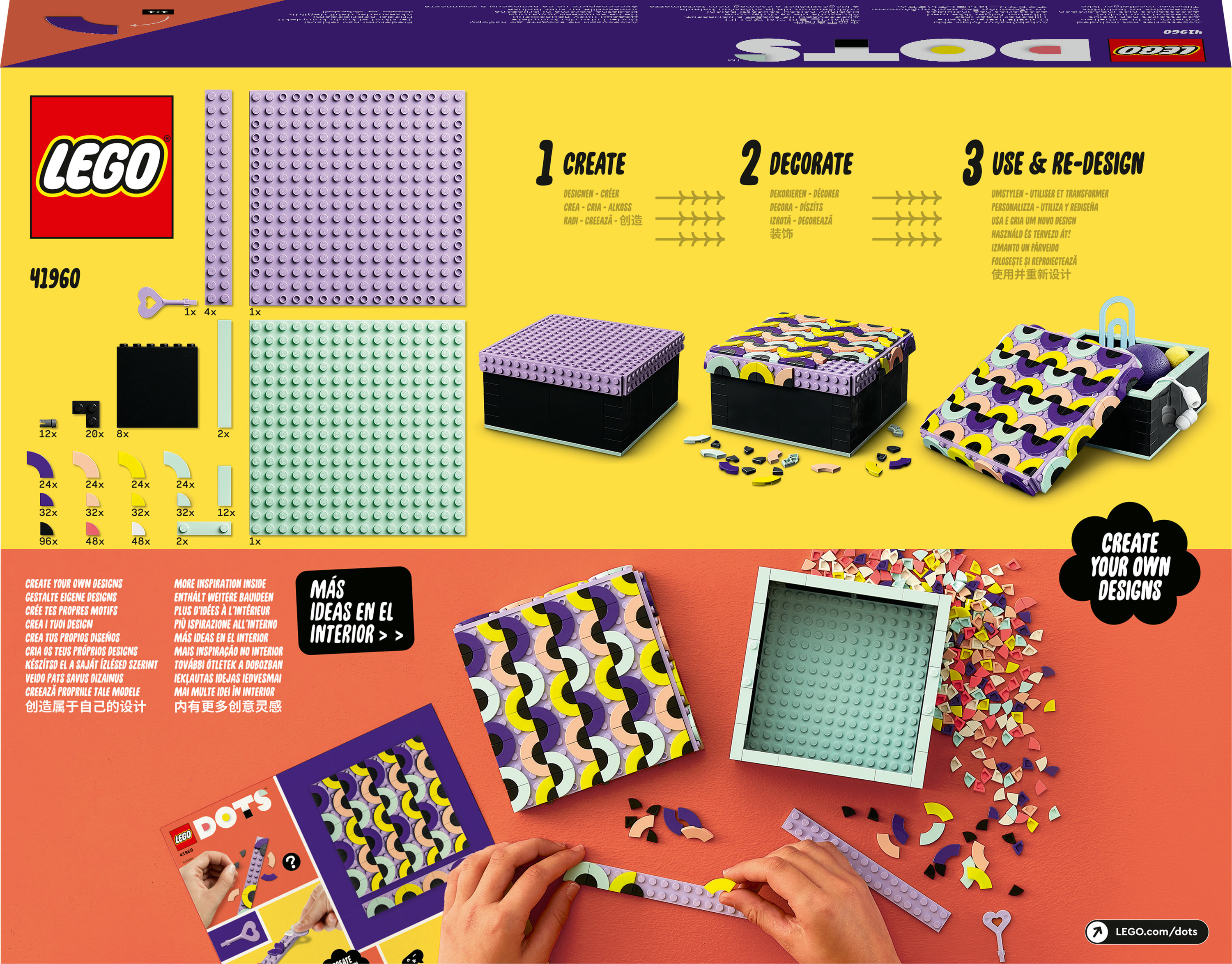 Lego Dots set met basisplaten, decoratieve elementen en design instructies.