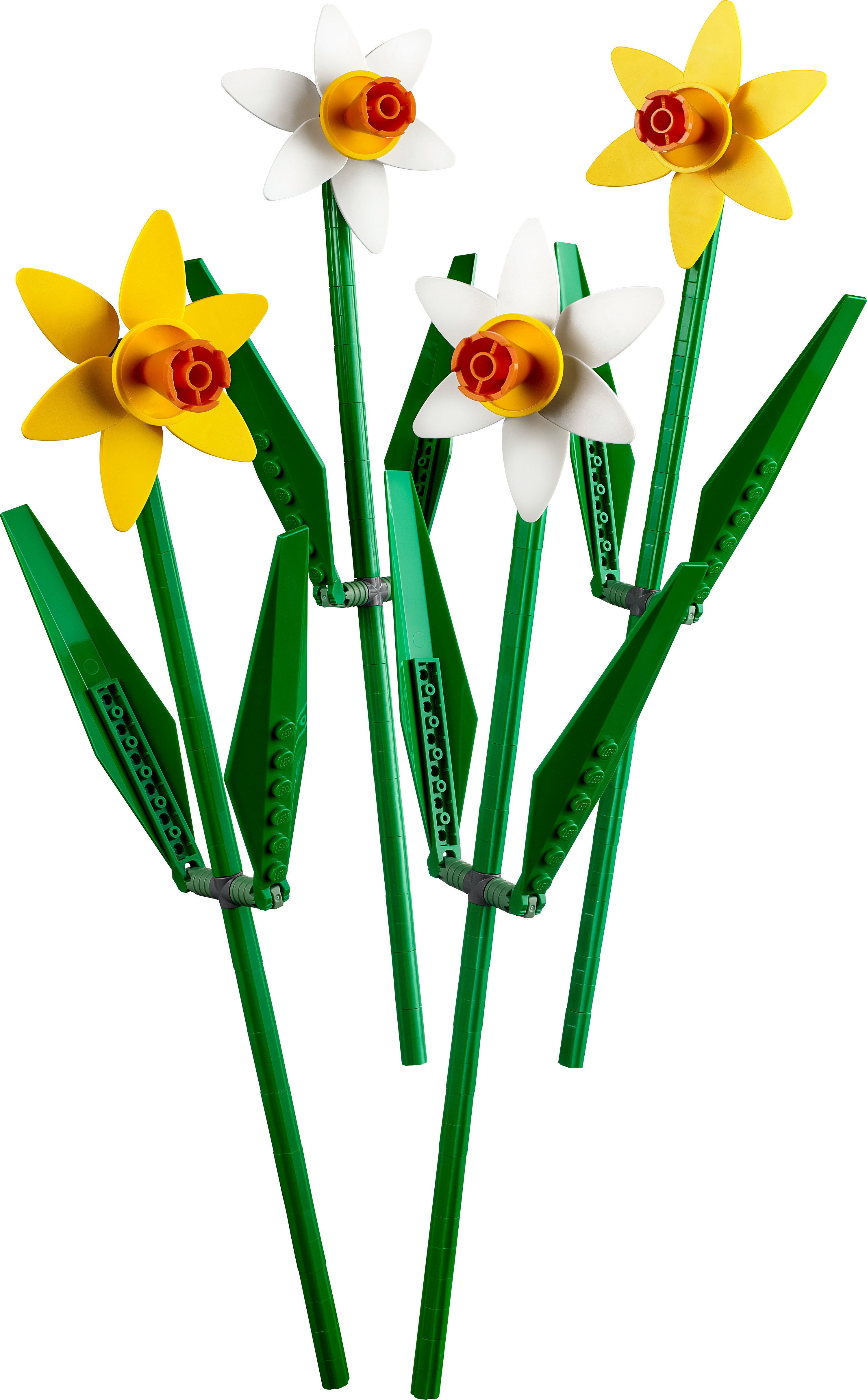 Lego-Blumen: Gelbe und weiße Narzissen mit grünen Stielen und Blättern.