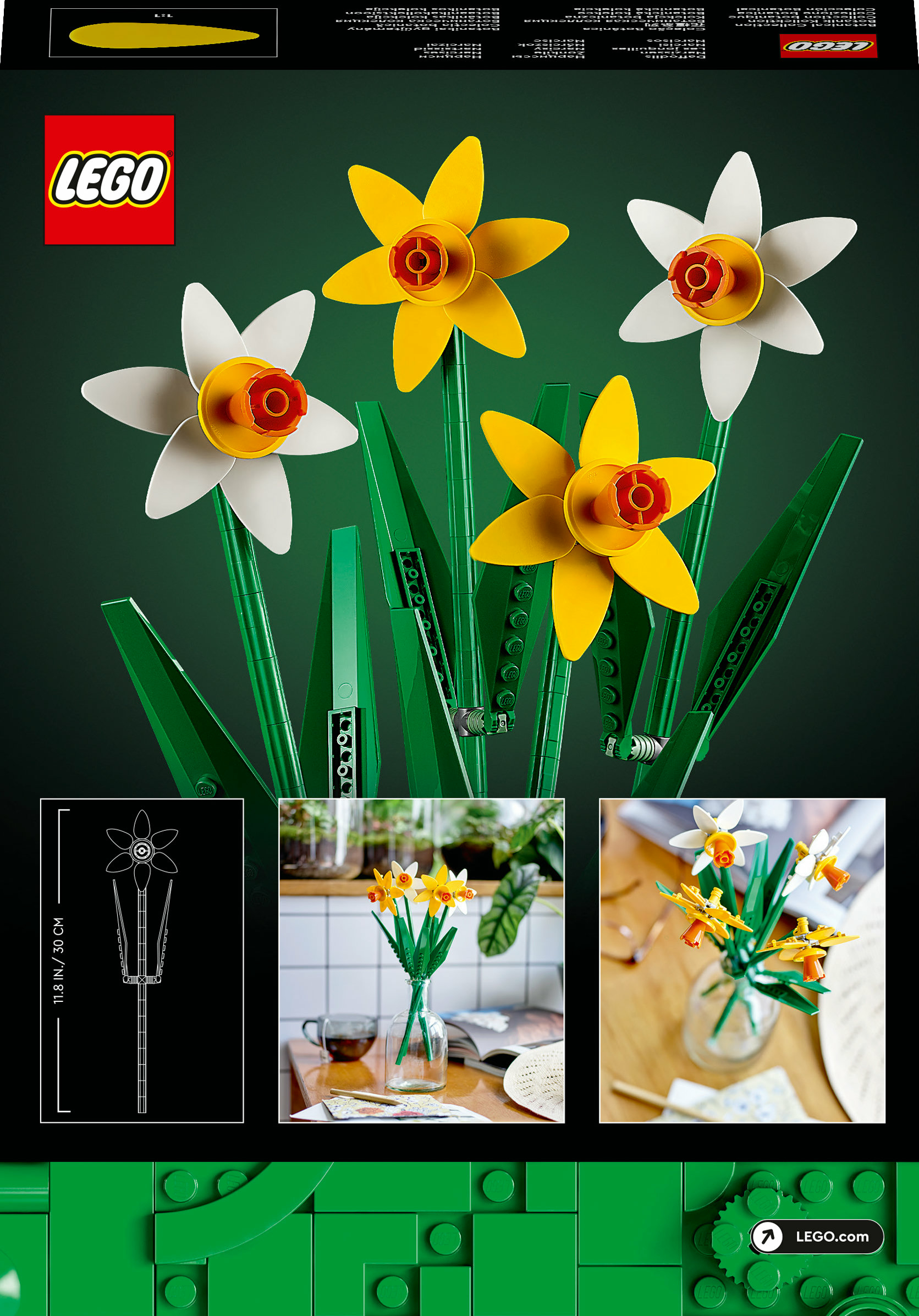 Lego-Set mit gelben und weißen Narzissen. Das Set enthält eine Box mit Diagrammen und fertigen Blumen.