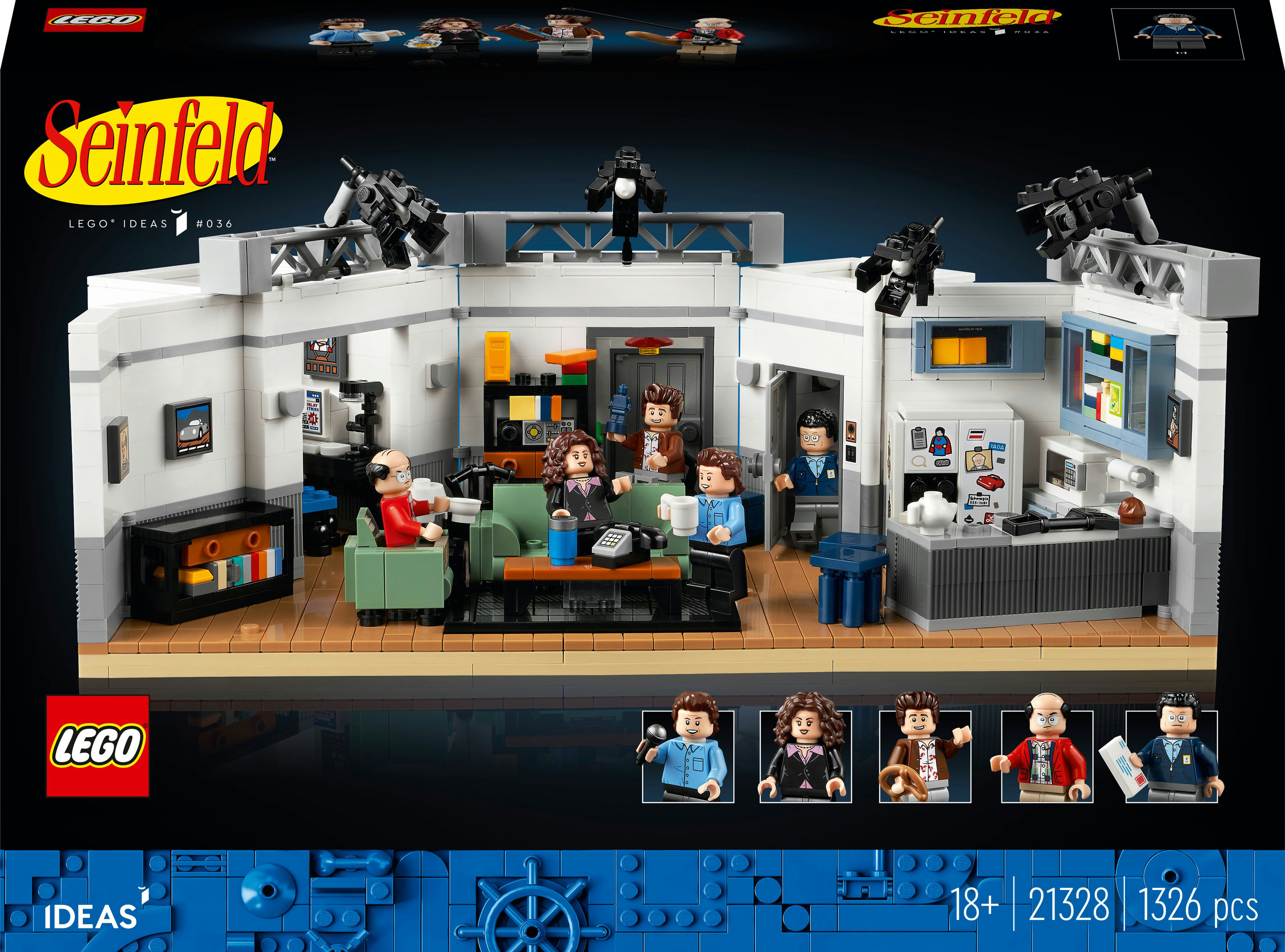 LEGO Seinfeld Set-Box. Es zeigt das Apartment-Set mit Charakteren aus der Serie. Blauer Hintergrund.