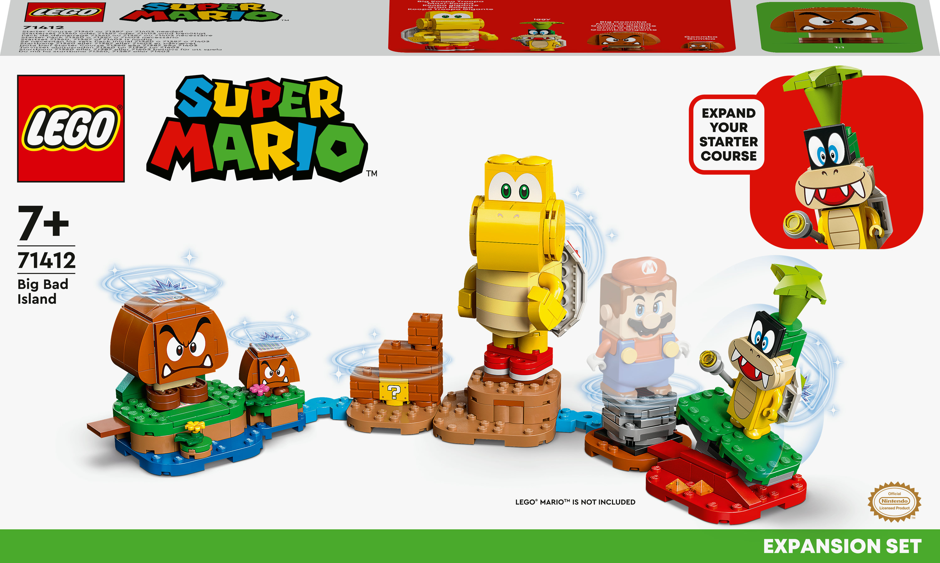 Zestaw Lego z postaciami z Super Mario, w tym Goombą i Koopa Troopa, na niebieskiej podstawie.
