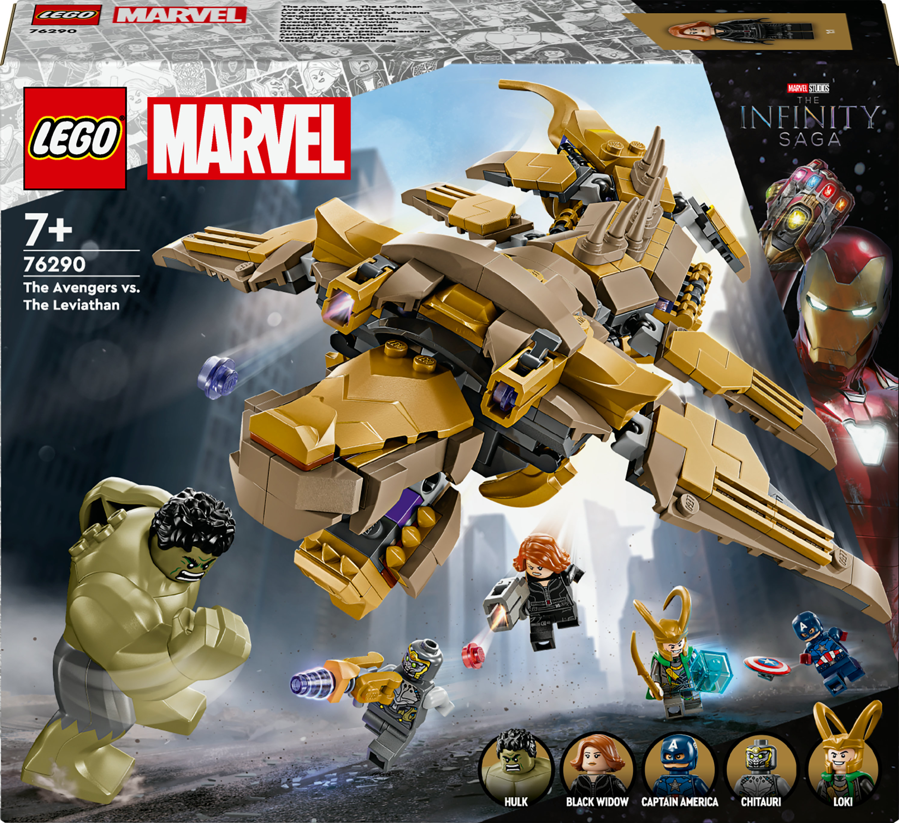 Set Lego con personaggi degli Avengers e una creatura dorata. Tema Marvel con varie minifigure.