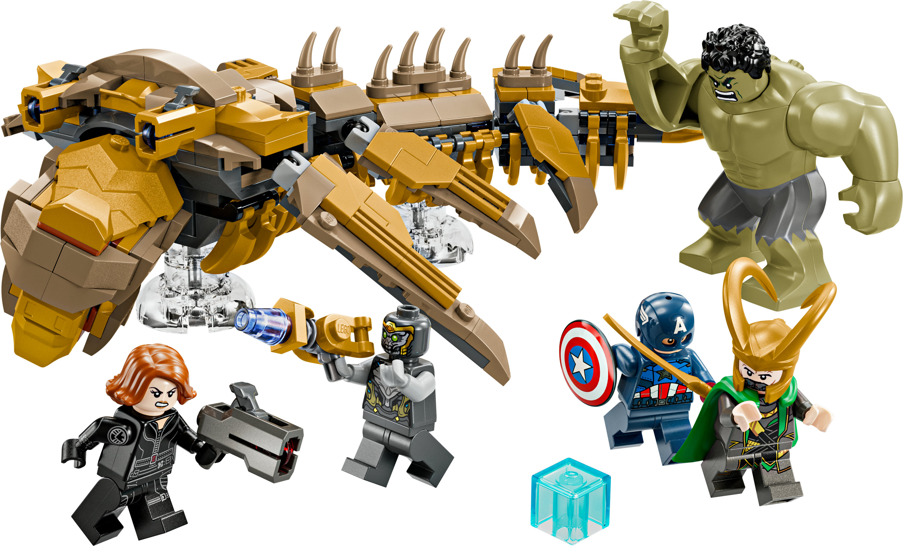 Set LEGO con Hulk, Vedova Nera, Capitan America, Loki e una creatura.