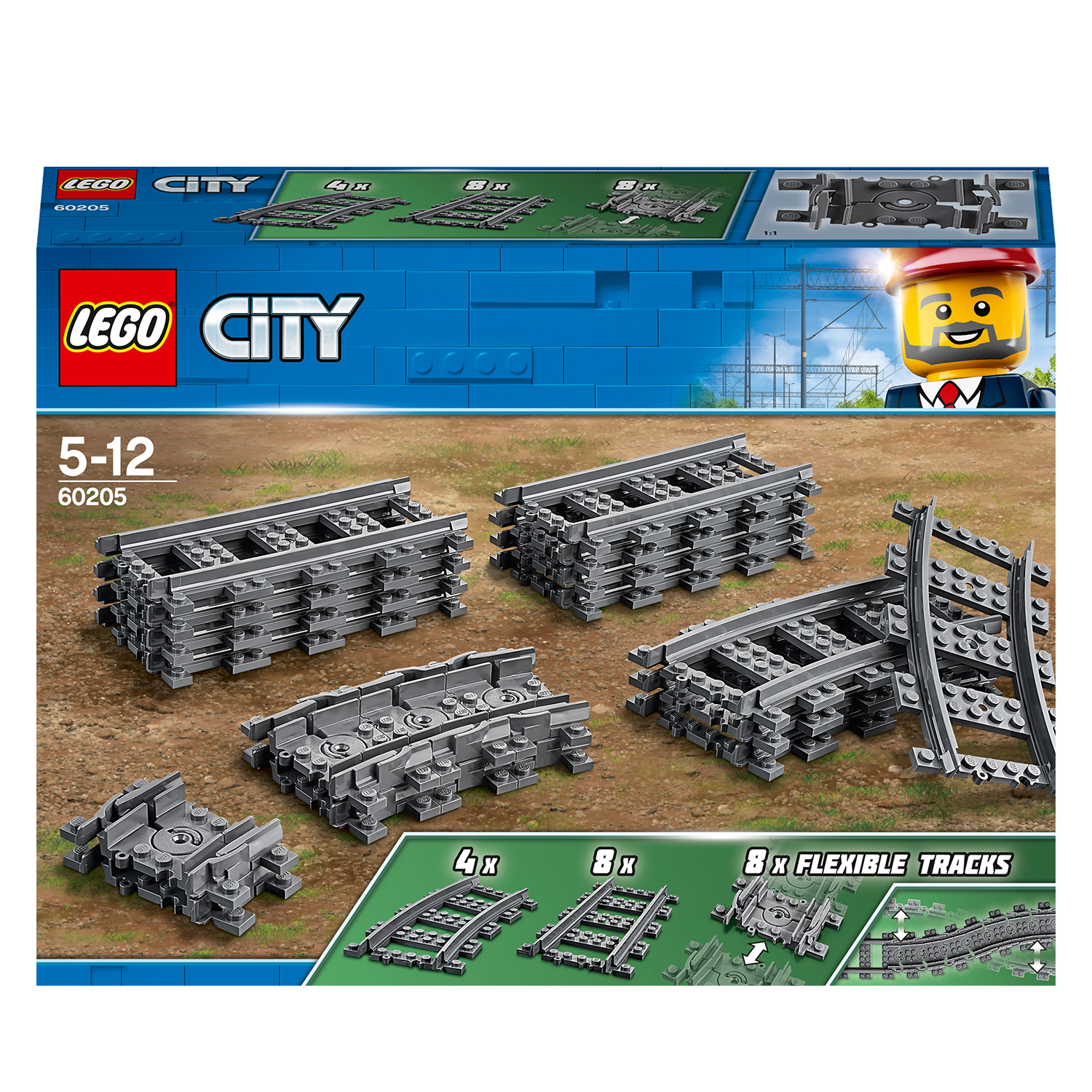 Zestaw Lego City. Wyświetla szare tory kolejowe i pudełko z logo zestawu oraz maszynistą.
