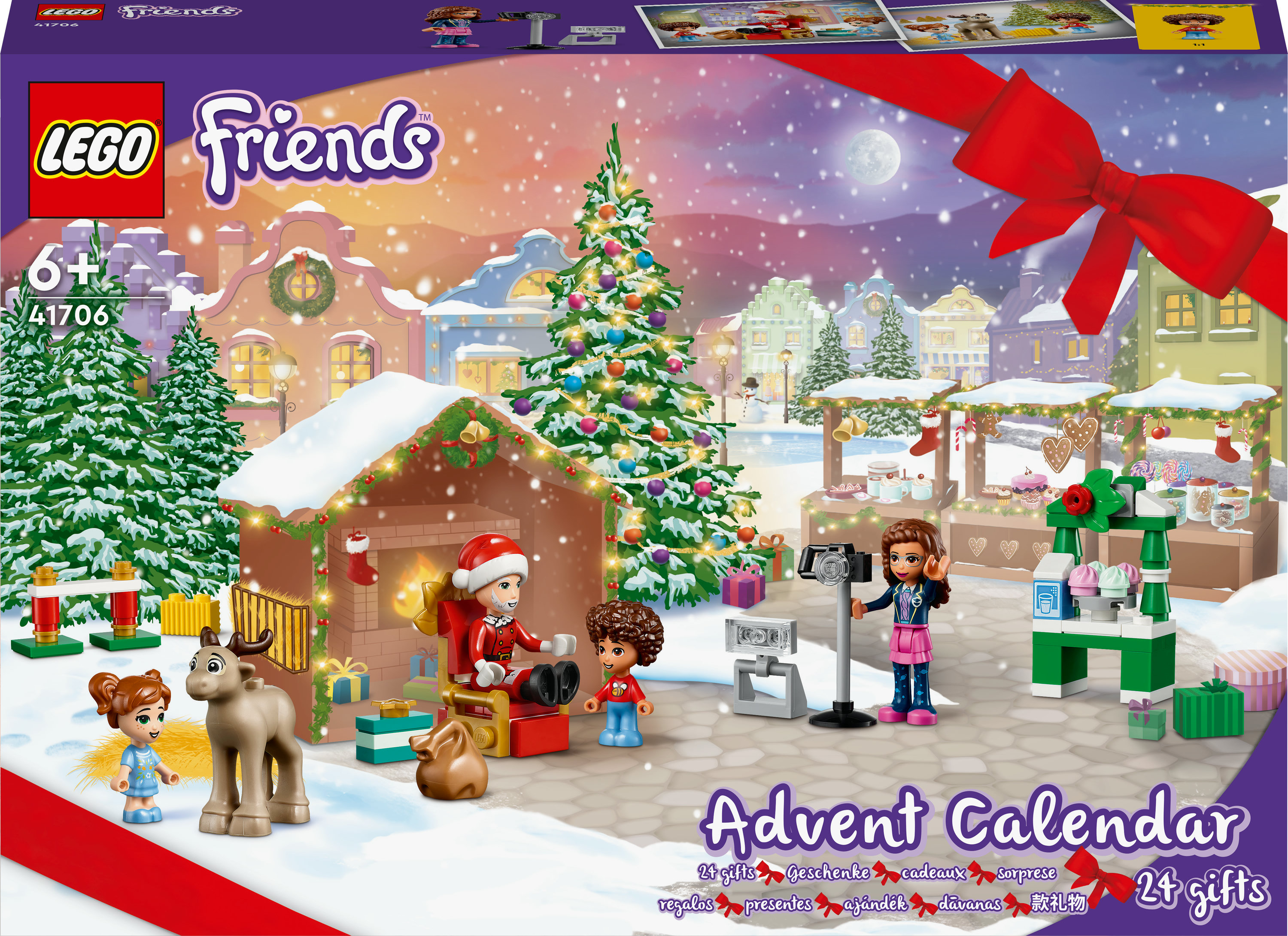 Lego Friends Adventskalender Box. Szene mit Gebäuden, Weihnachtsbaum, Figuren und den Worten 'Adventskalender'.