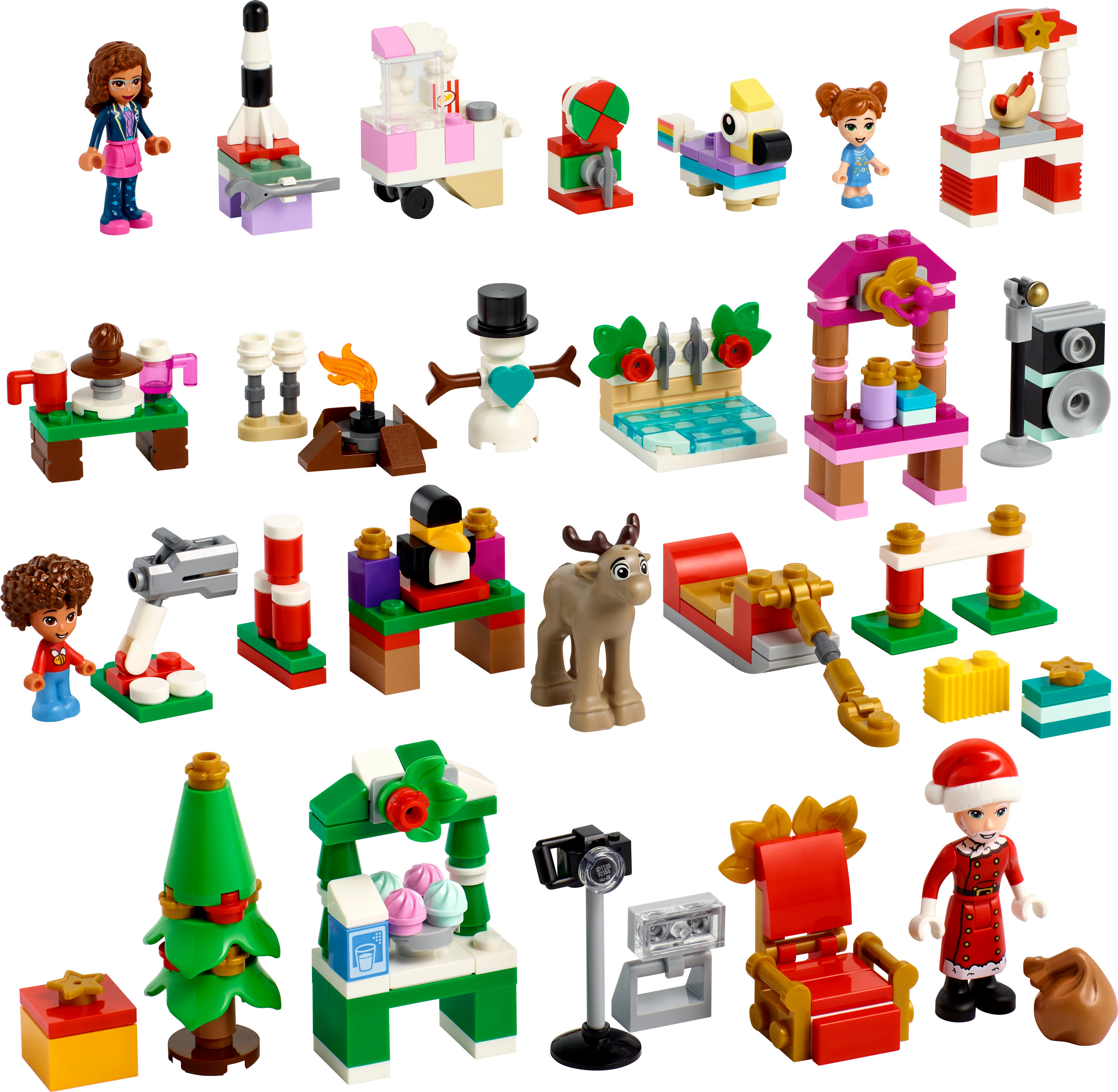 Lego Friends Set mit mehreren Mini-Builds und Mini-Figuren, darunter ein Weihnachtsthema.