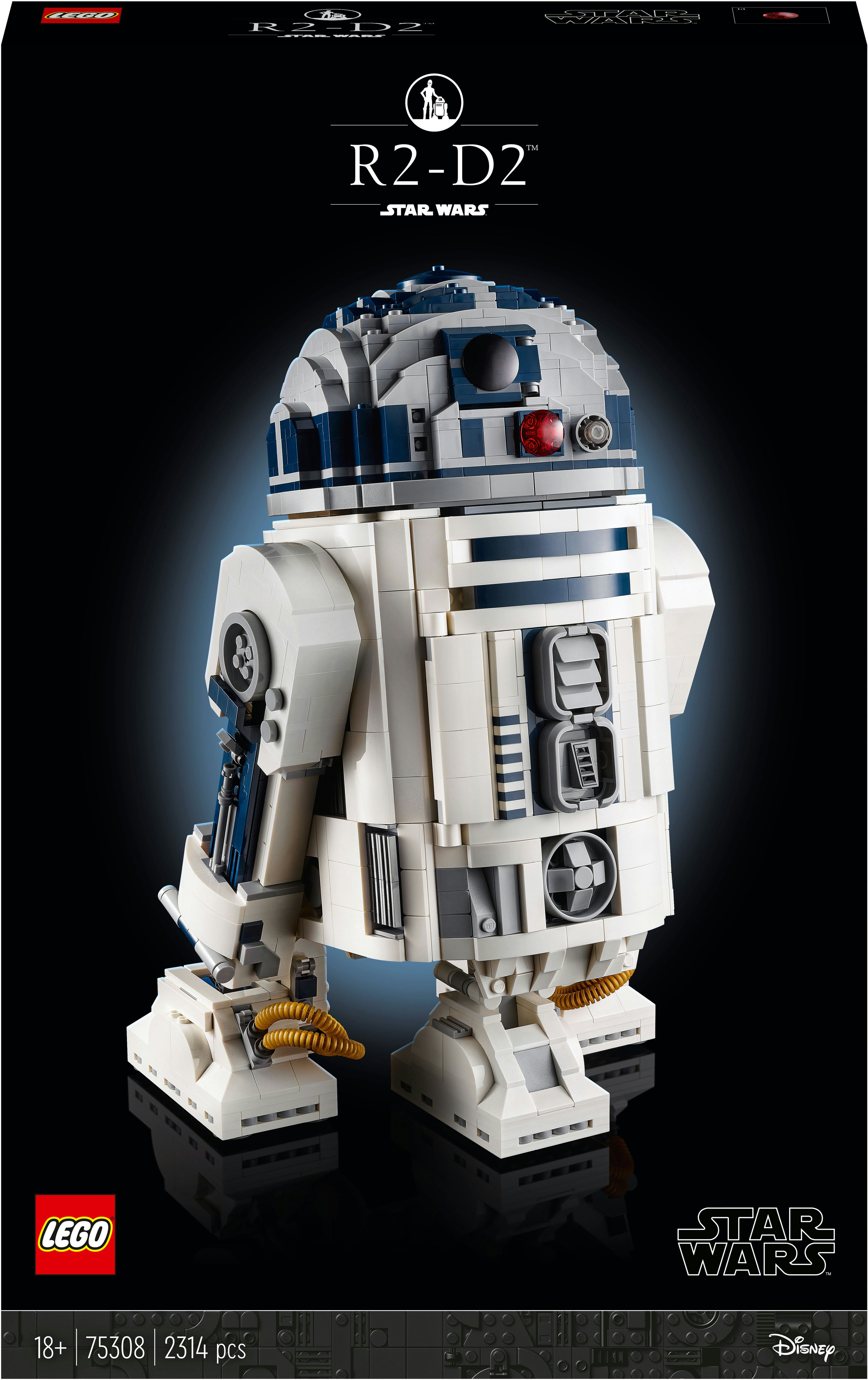 Lego Star Wars R2-D2. Biało-niebieska figurka droida w pudełku Star Wars.