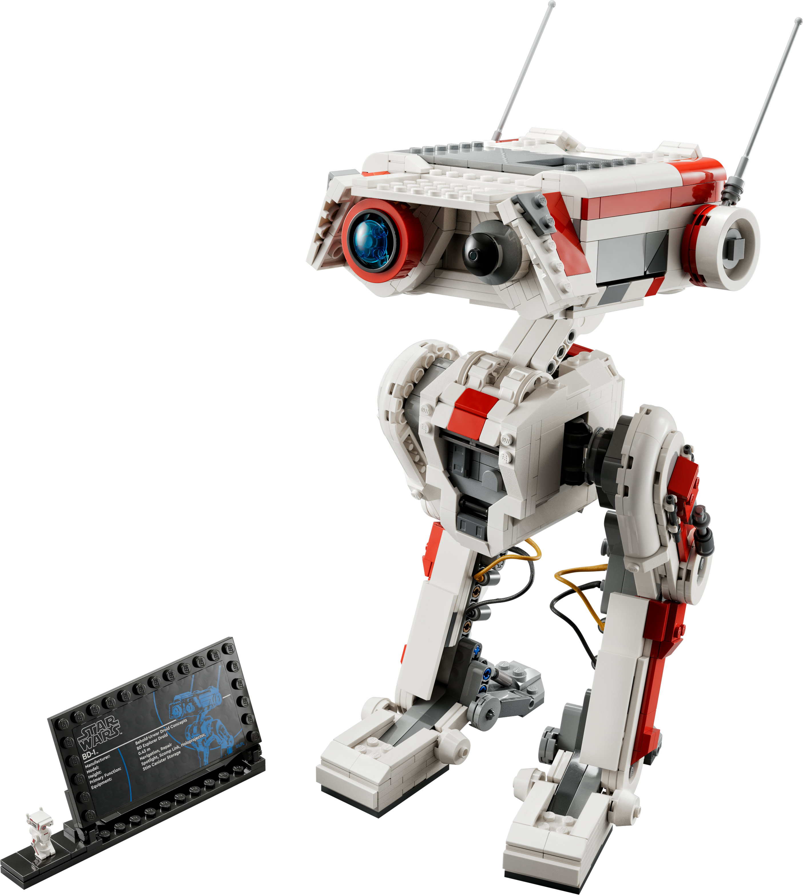 Bir Lego Star Wars droidu, beyaz ve kırmızı, bir ekran kartı ve küçük bir figür ile.