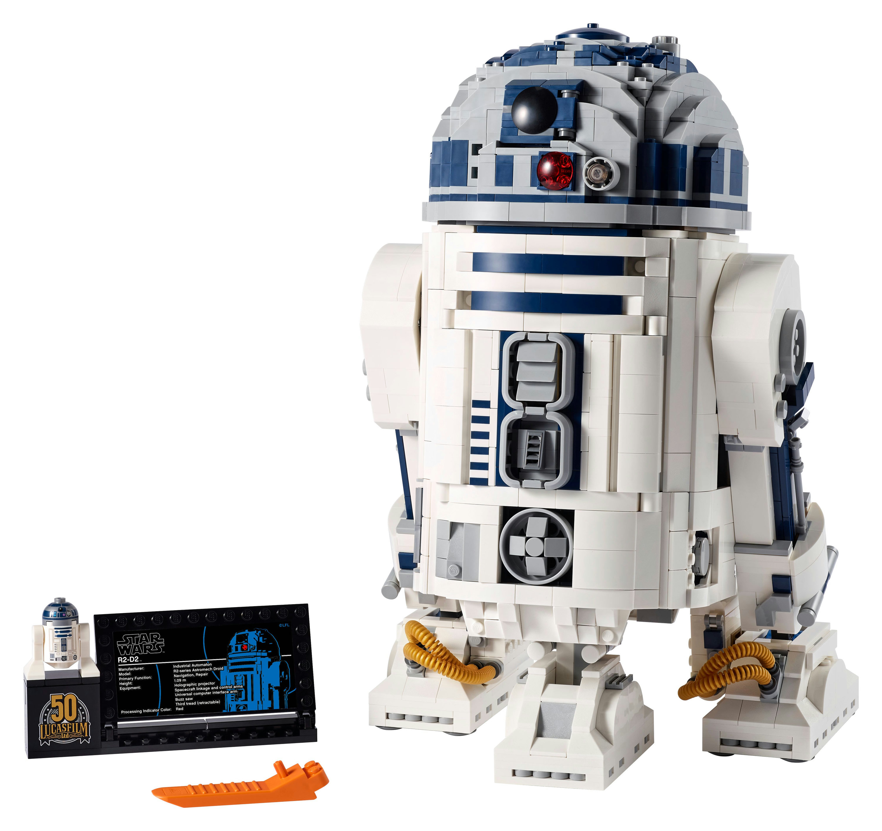 Figurka Lego R2-D2, biało-niebieska, z małą repliką i kartą informacyjną, na białym tle.
