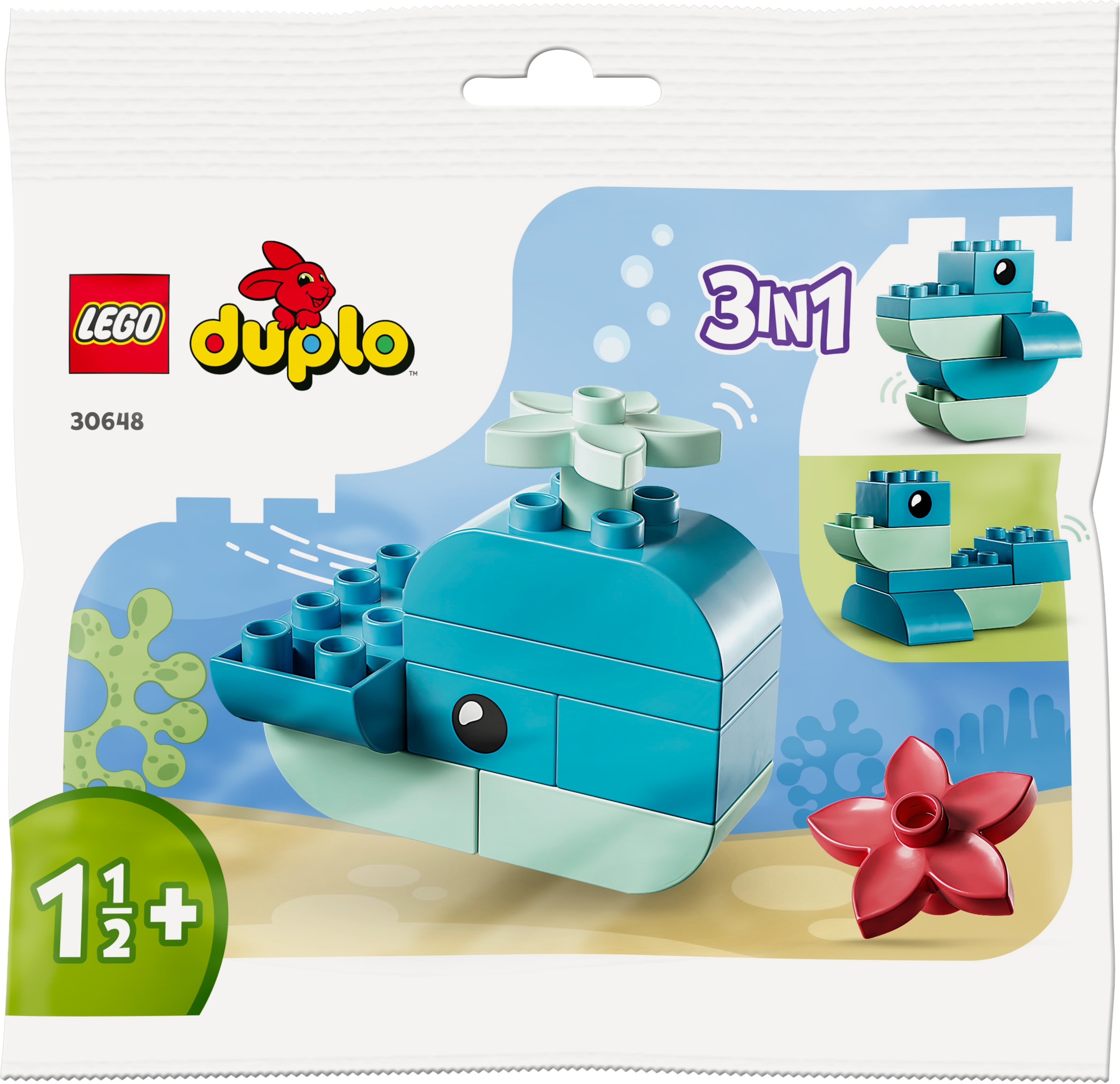 Lego Duplo walvisset, met een blauw walvismodel en extra bouwstenen.