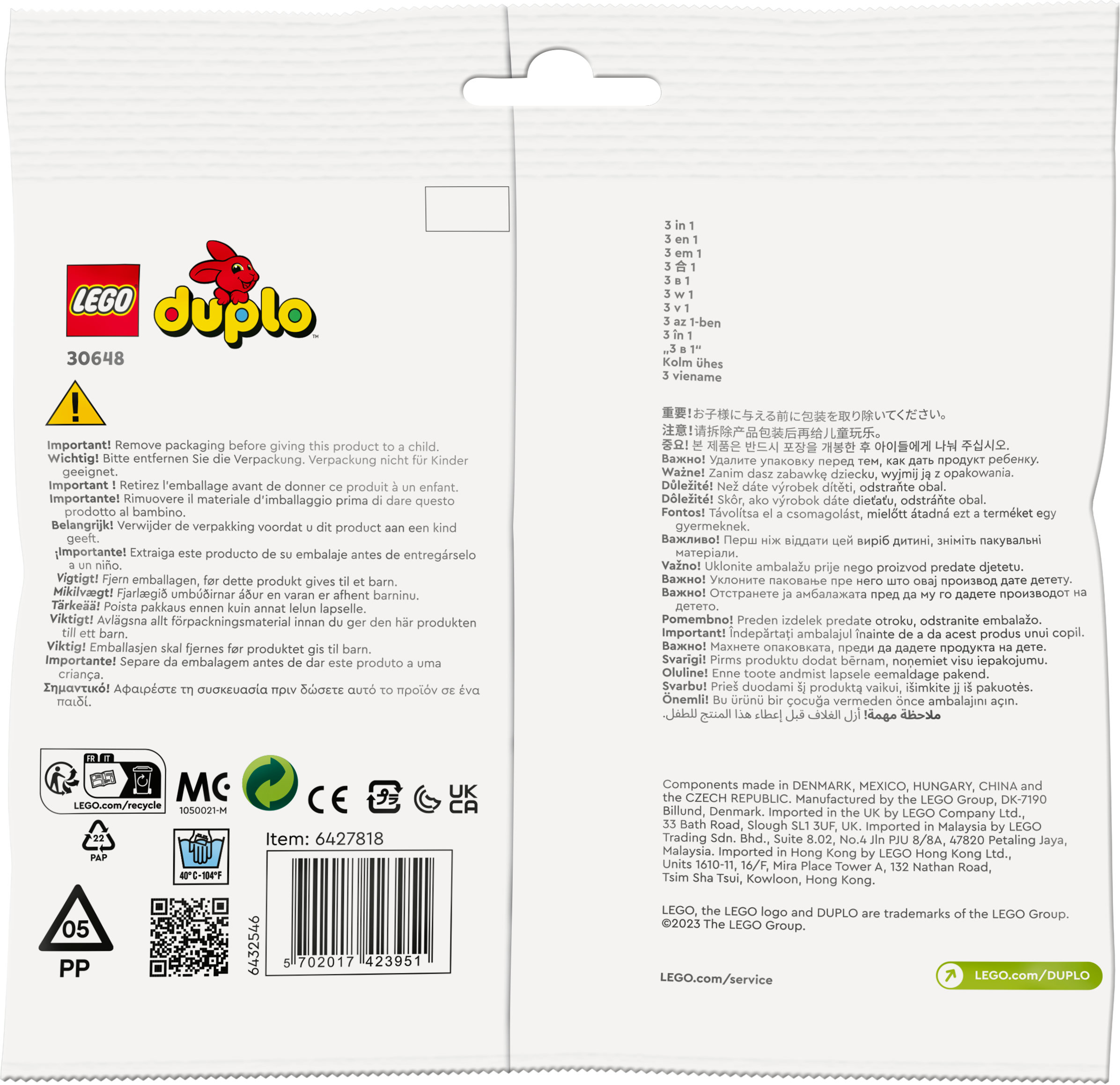Een LEGO Duplo-verpakking met productinformatie en veiligheidswaarschuwingen.