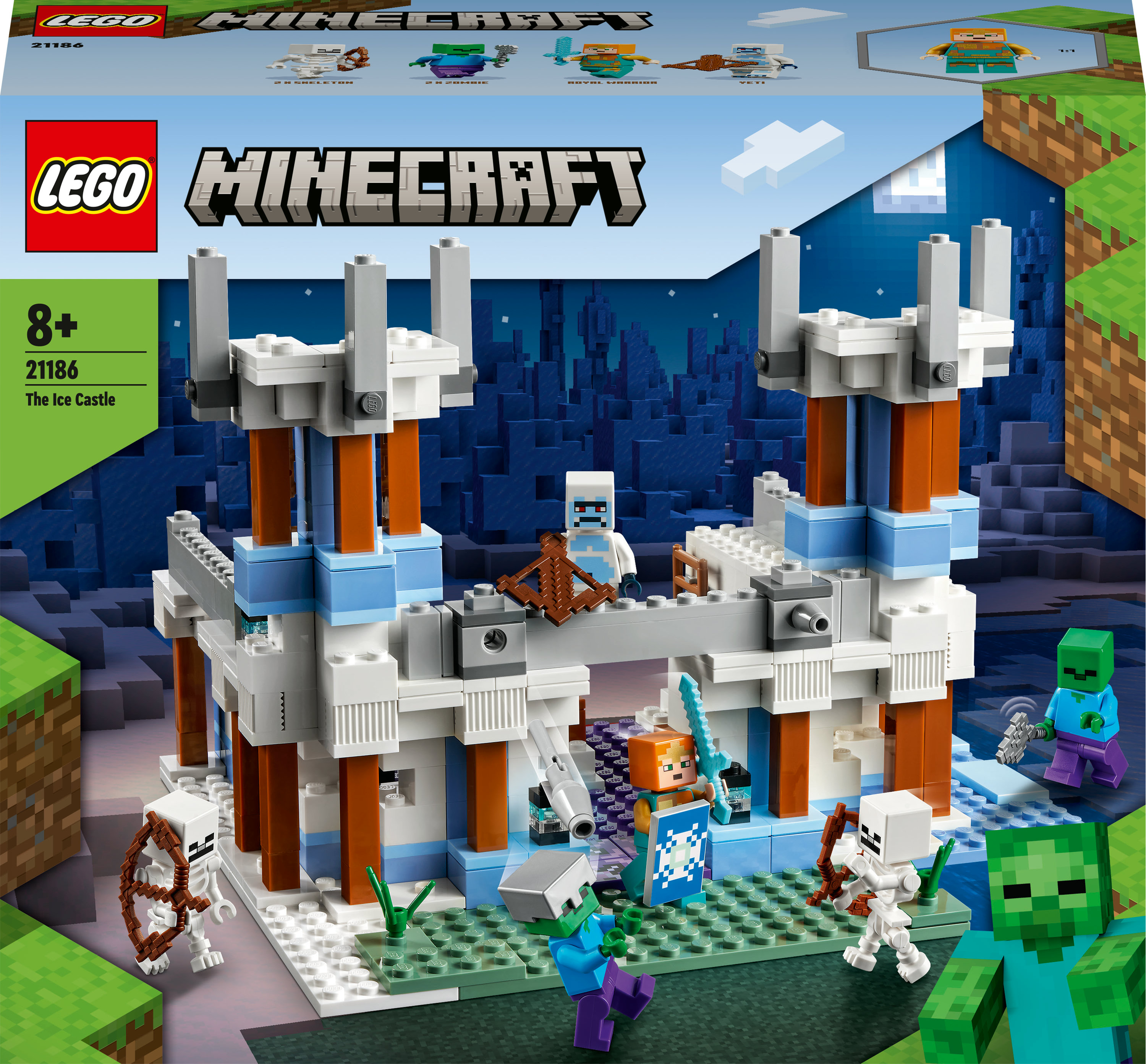 Minecraft Lego-Set-Box. Enthält ein Schloss, verschiedene Figuren und das Minecraft-Logo.