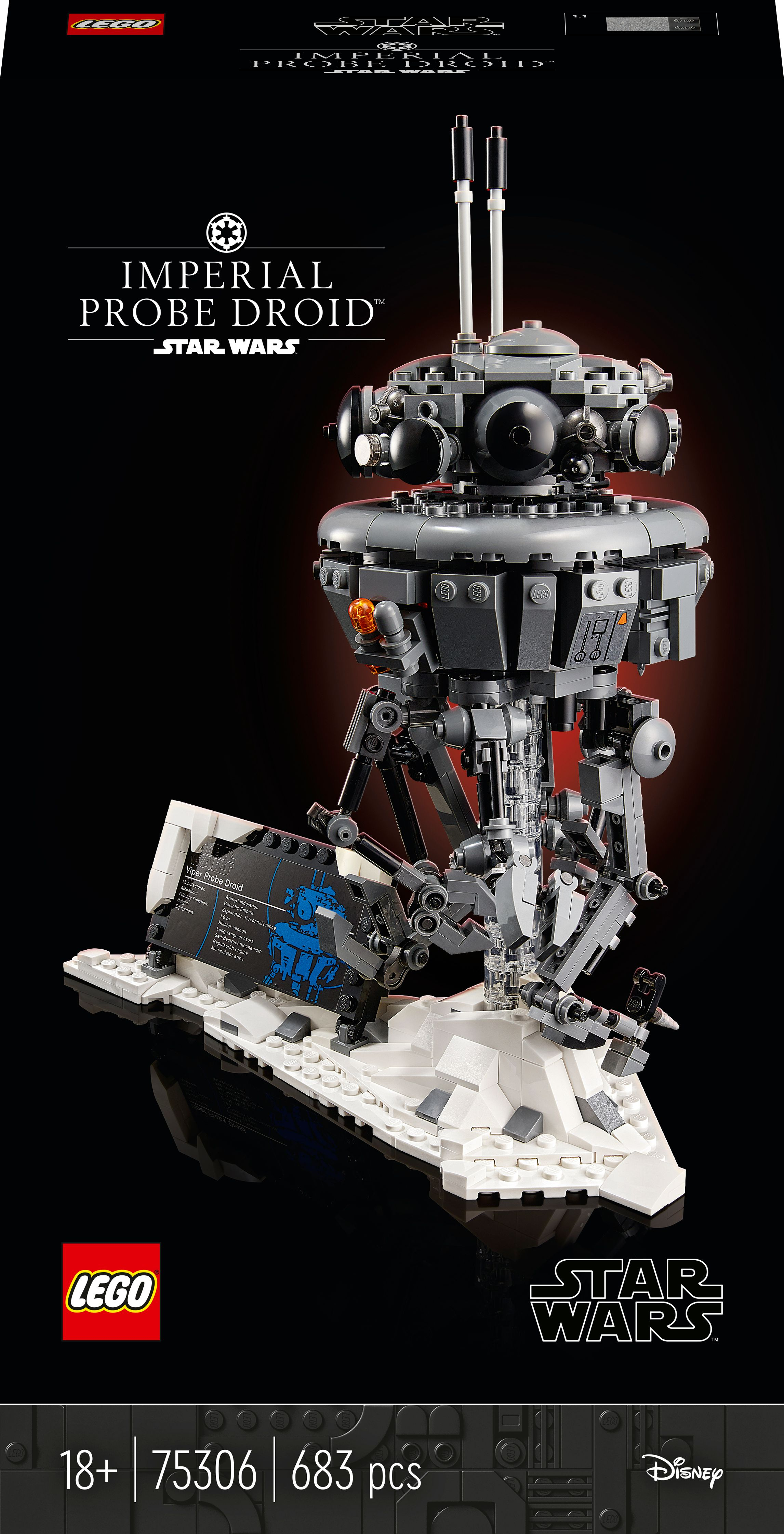 Zestaw Lego Star Wars Imperial Probe Droid. Czarny i szary model droida na śnieżnej podstawie.