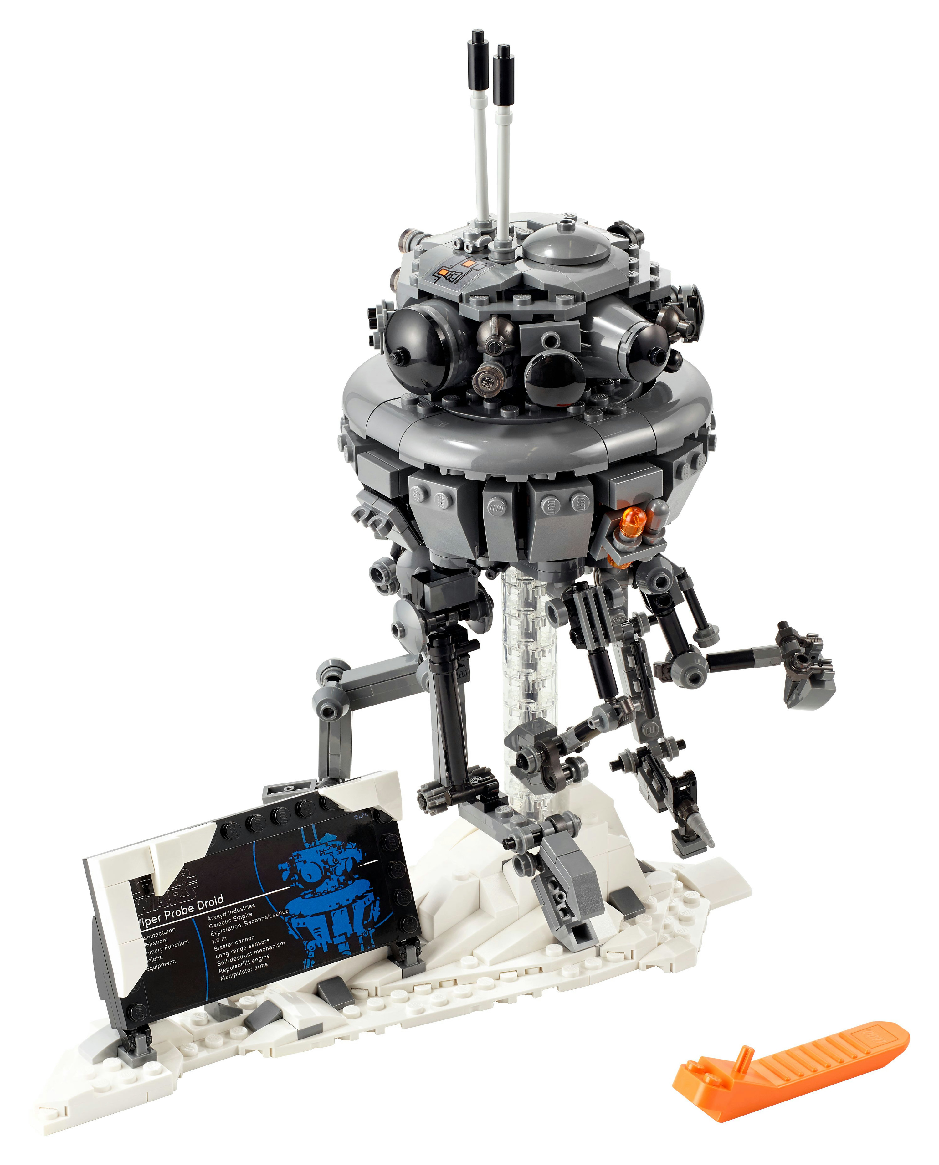 Zestaw modelu Lego Star Wars Imperial Probe Droid na białej powierzchni. Zawiera stojak.