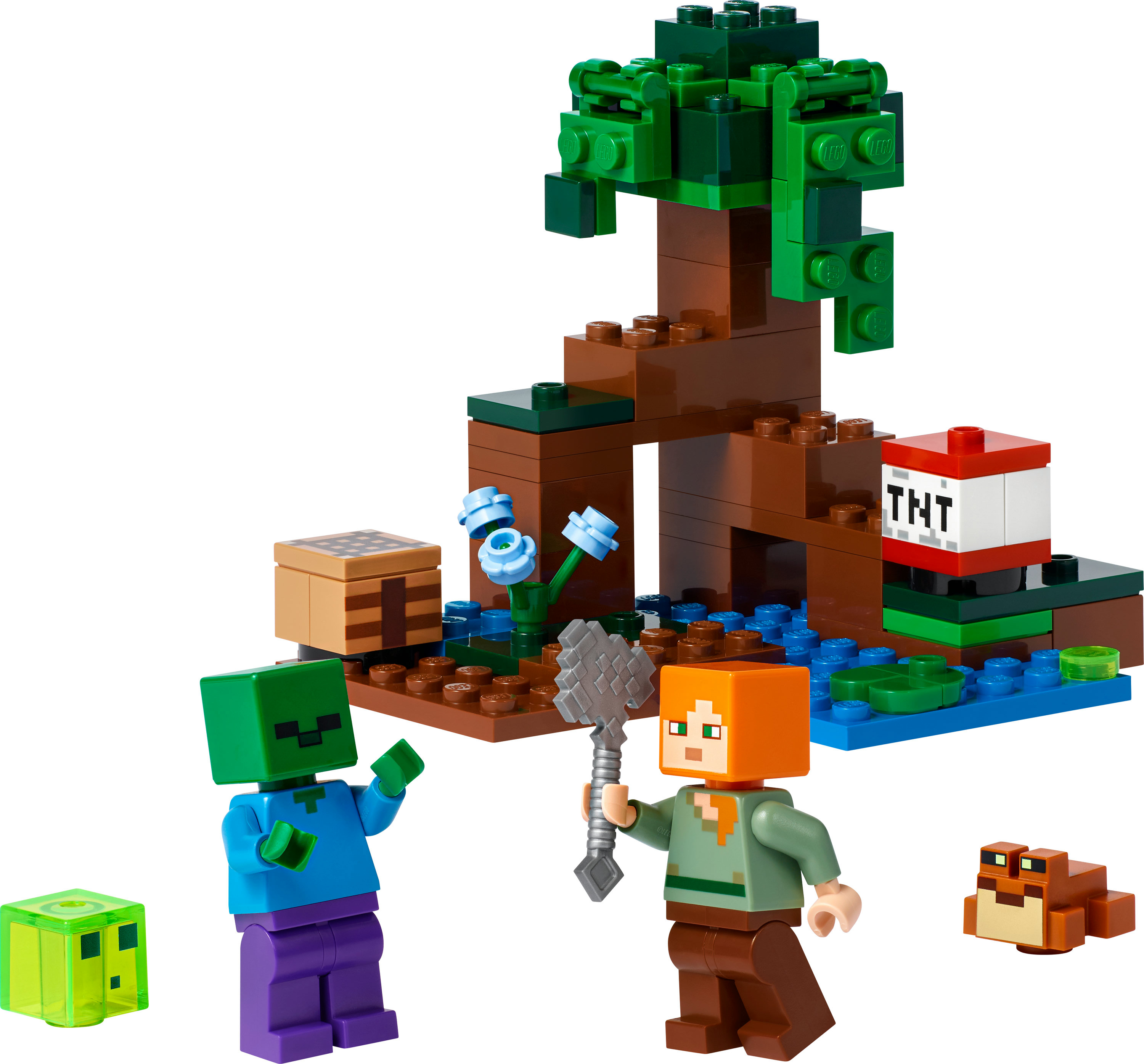 Lego Minecraft-Set mit Figuren, einem Baum und einem TNT-Block. Enthält grünen Schleim und eine Figur mit orangefarbenem Haar.