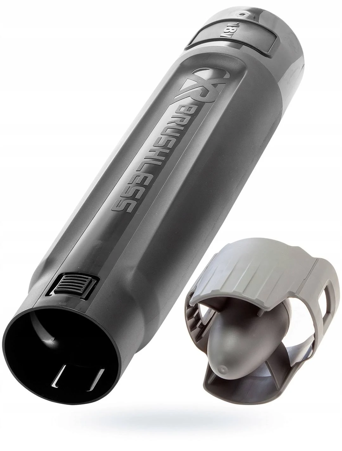 Czarna i szara dmuchawa do liści z dołączoną szarą dyszą na białym tle.