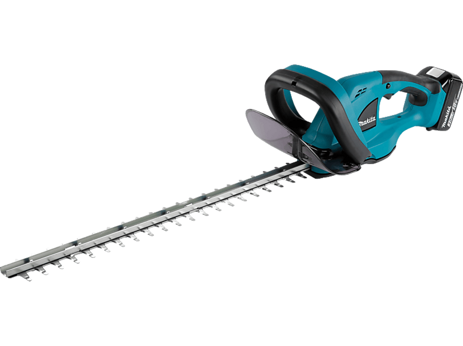 Turkusowo-czarne nożyce do żywopłotu Makita. Posiadają długie, ząbkowane ostrze do cięcia żywopłotów.