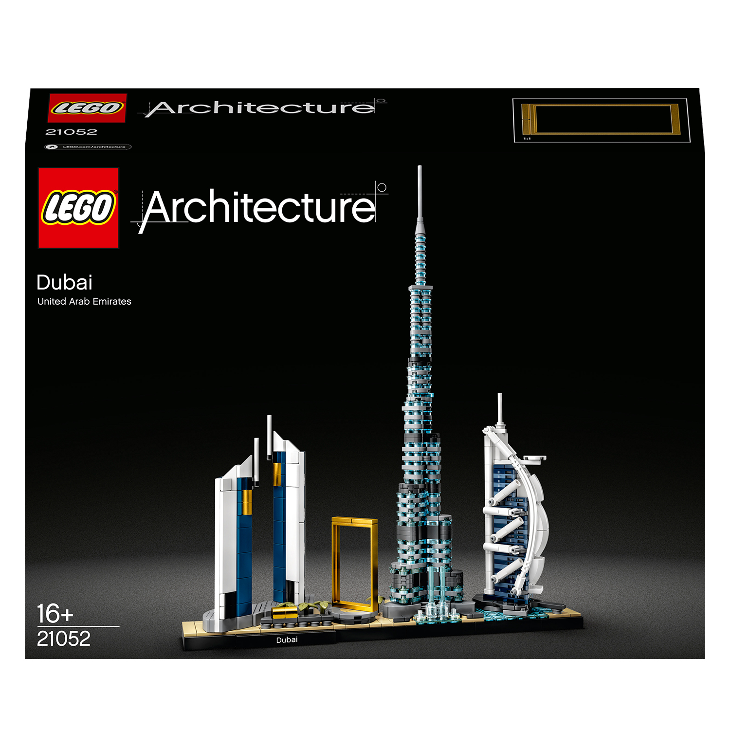 Lego Architecture Dubai Set-Box mit dem Burj Khalifa, anderen Wolkenkratzern und dem Dubai Frame auf schwarzem Hintergrund.